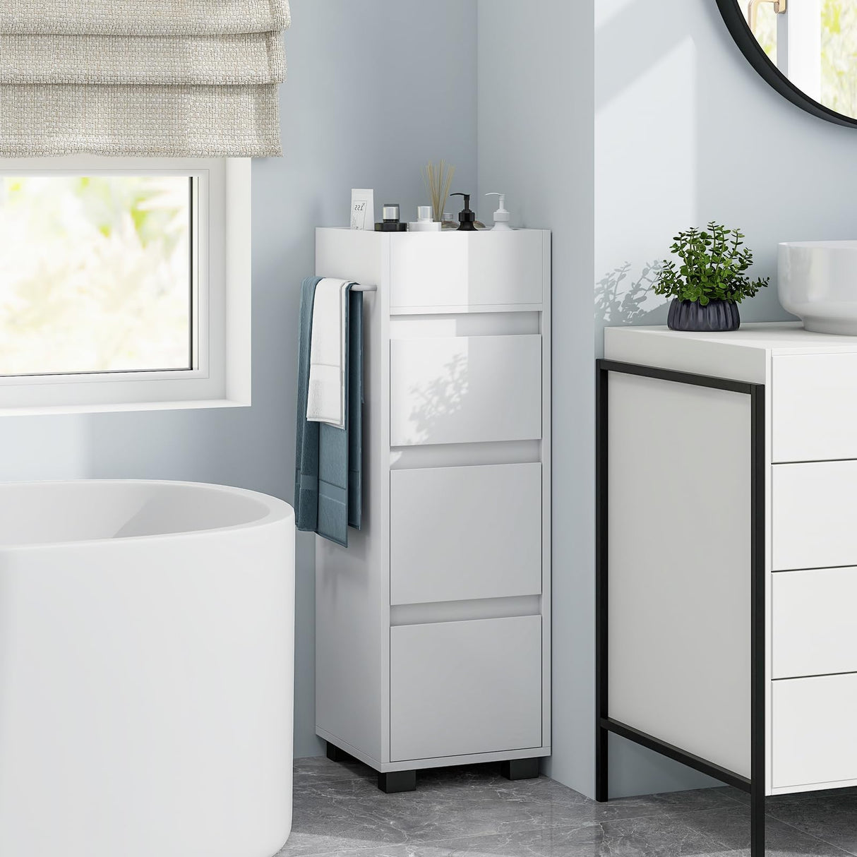 Tangkula Square Bathroom Floor Cabinet, Freestanding Storage Cabinet with 3 Drawers, 4 Top Dividers and 1 Towel Rack, Chest of Drawers for Narrow Places, 12 x 12 x 35.5 Inch (White, 35.5" H) Tangkula