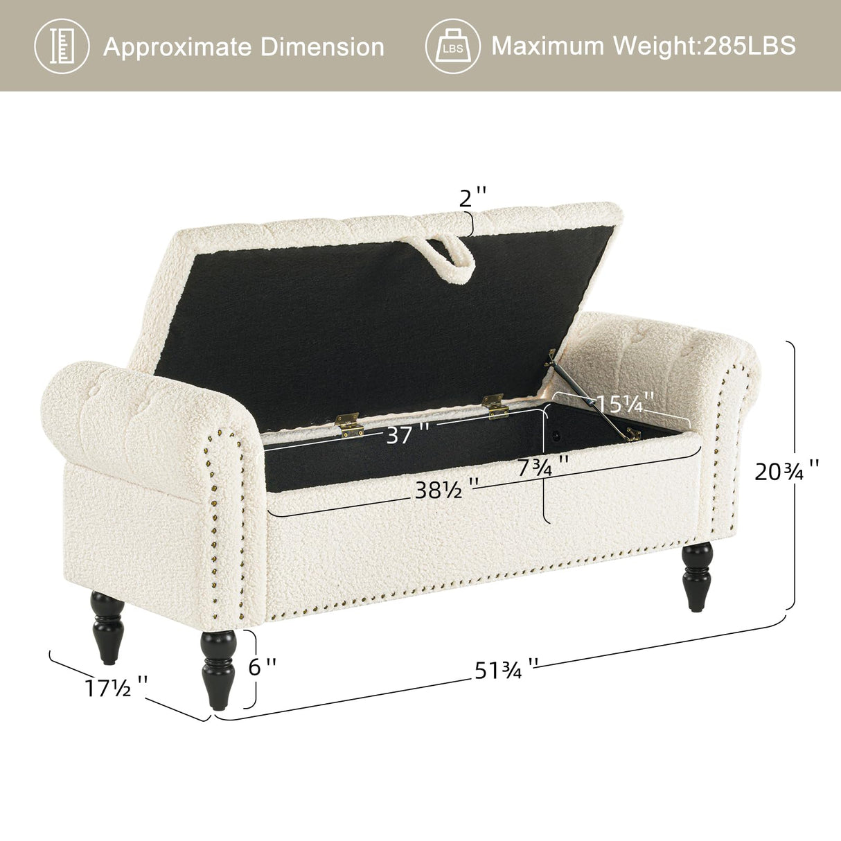 Furniliving Modern Storage Ottoman Bench, Sherpa Bench End of Bed Bench with Solid Wood Legs Upholstered Ottoman Bench with Storage Indoor Bench for Living Room with Rolled Arm, Entryway, White Furniliving