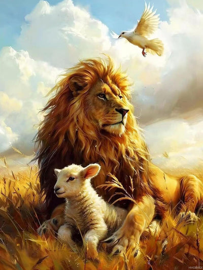 HMDIIMGE Retro Lion Sheep Diamond Art Painting Lion and Lamb Diamond Painting for Adults Christian Vintage Religious Diamonds Art for Home Decor Art Craft Kit 12x16 Inch