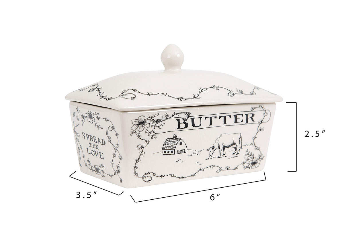 Creative Co-Op Country Stoneware Butter Dish with Lid, "Spread the Love" Message, and Farm Line Drawing, White and Black, Food, Microwave, and Dishwasher Safe Creative Co-Op