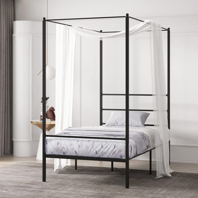KOMFOTT Metal Canopy Bed Frame Twin Size, Modern 4 Poster Canopied Platform Bed Frame with Headboard, Heavy-Duty Metal Slat Support Mattress Foundation, No Box Spring Needed, Easy Assembly, Black