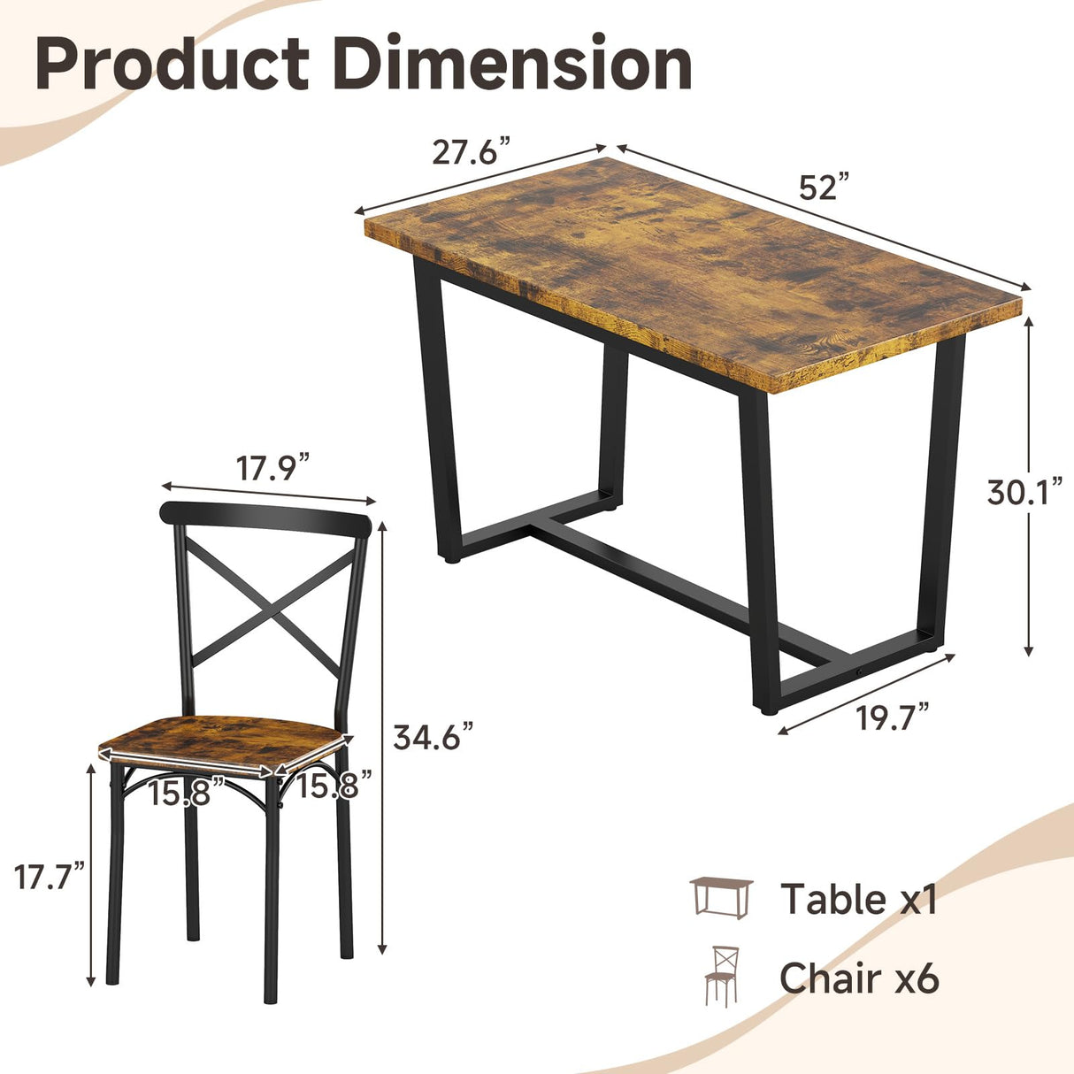 Zevemomo 7-Piece Dining Table with Chairs Set, Rectangular Metal Frame Table with 6 Chairs, Modern Table Furniture Set for Kitchen, Dining Room and Living Room, Brown Zevemomo