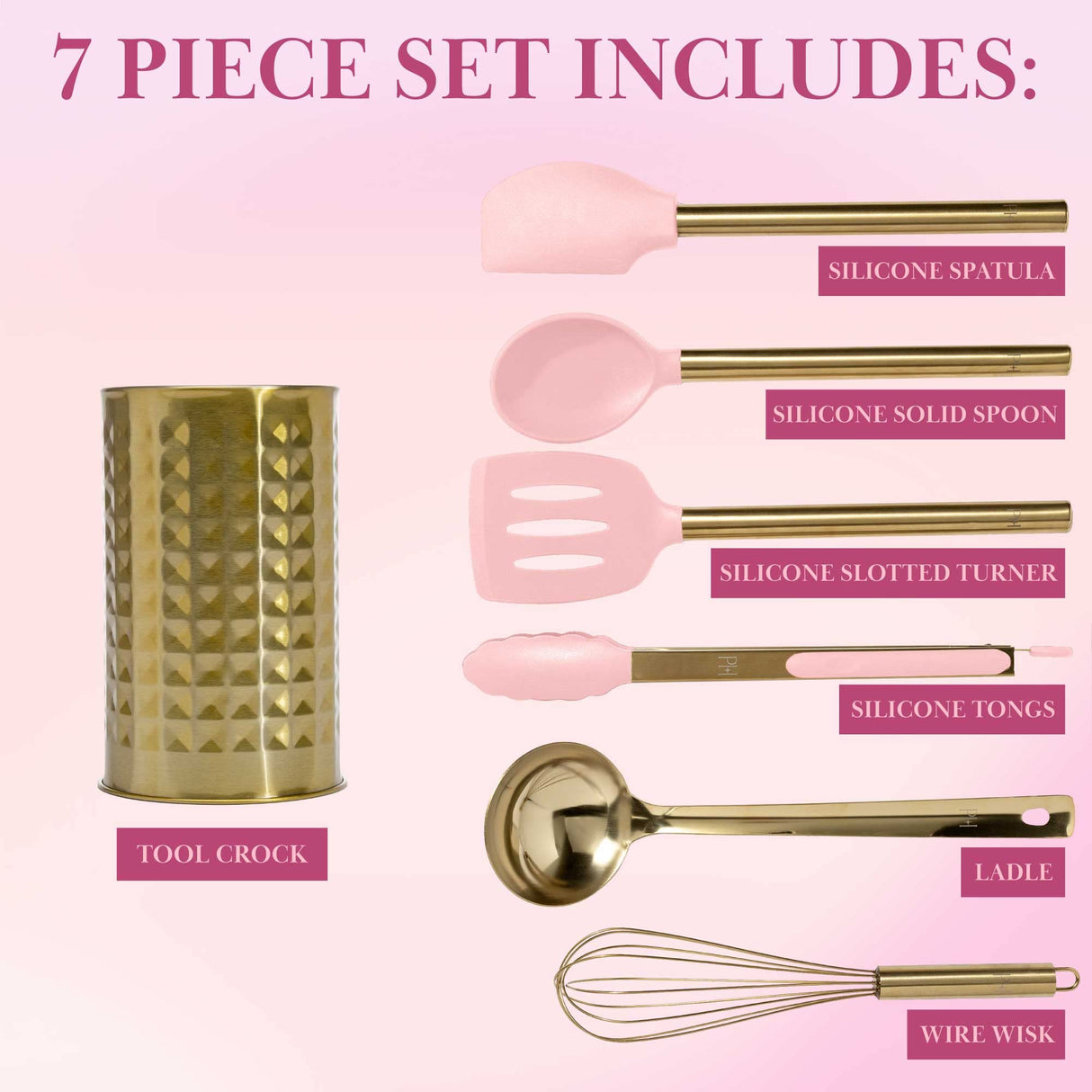 Paris Hilton Kitchen Set Tool Crock with Silicone Cooking Utensils, Stainless Steel Whisk and Ladle, 7-Piece, Pink and Gold Paris Hilton