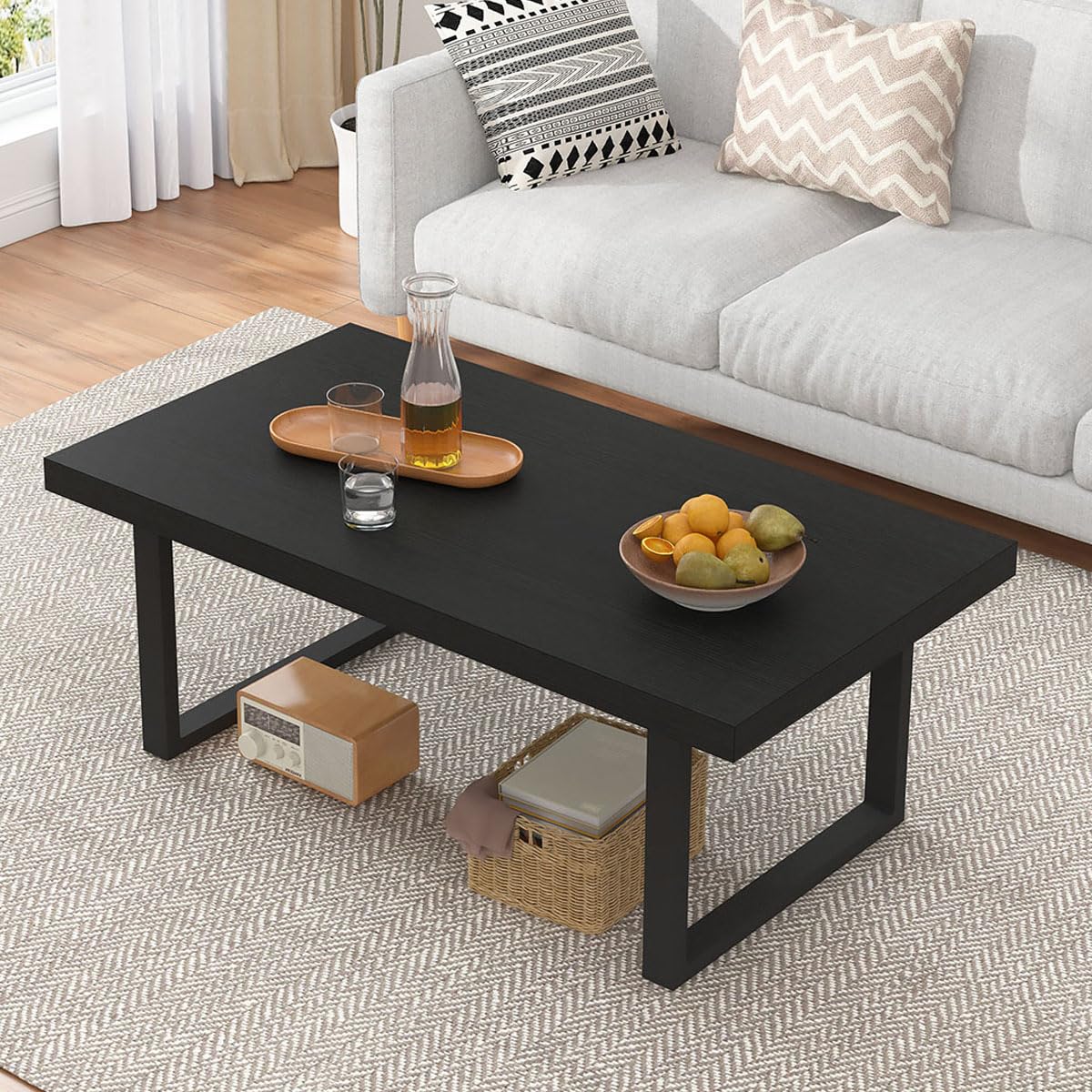 IBF Black Coffee Table, Minimalist Industrial Wooden Center Table, Modern Simple Rectangle Living Room Table, Farmhouse Wood and Metal Cocktail Coffee Table for Home Bedroom Office, Black Oak, 39 inch IBF