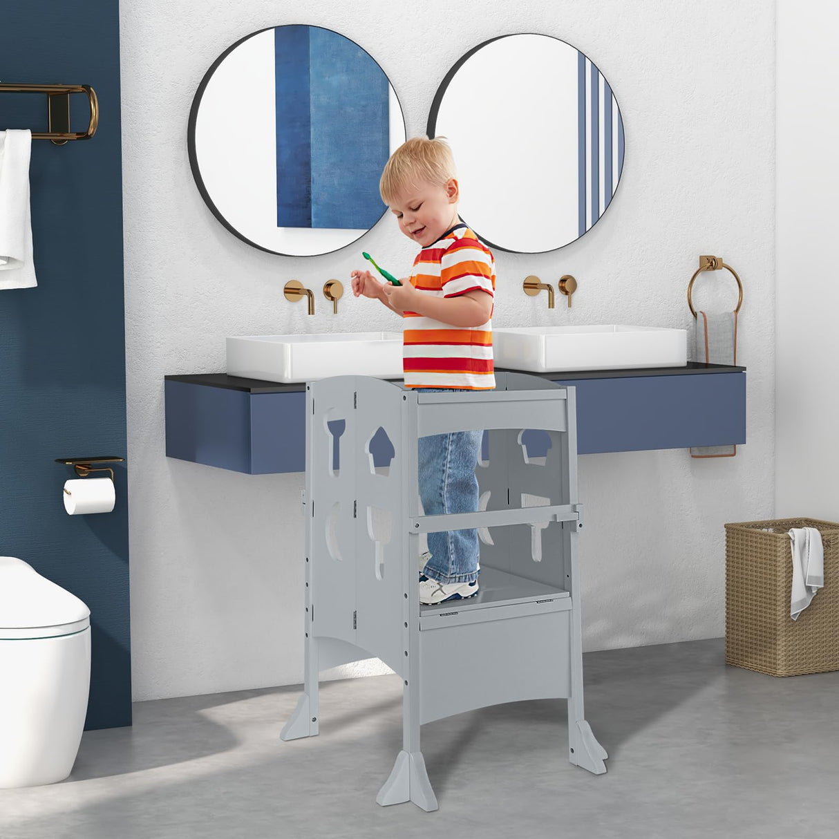 Costzon Toddler Tower, Foldable Kids Kitchen Step Stool w/Safety Rail, Height Adjustable Wood Standing Tower for Toddlers, Montessori Child Learning Tower for Bathroom, Kitchen Counter Costzon