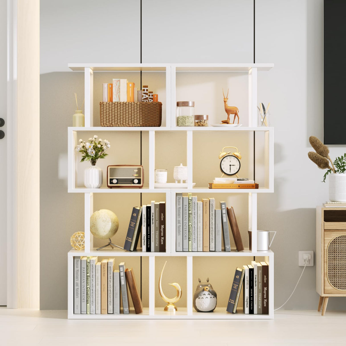 Furologee White Geometric Bookshelf with LED Light, 5 Tier S-Shaped Small Bookcase, Modern Display Standing Shelf, Metal Wooden Decorative Storage Shelves for Bedroom, Living Room, Office Furologee