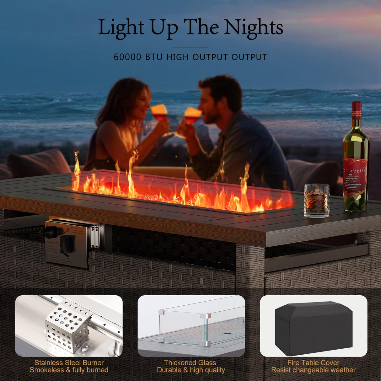 10 Pieces Patio Sectional Furniture Set with 44" Propane Fire Pit Table, 60000BTU Wicker Outdoor Sectional Coversation Set, Thick Cushion Deep Seat, Outdoor Furniture for Porch,Backyard,Deck (Grey) ABCASA