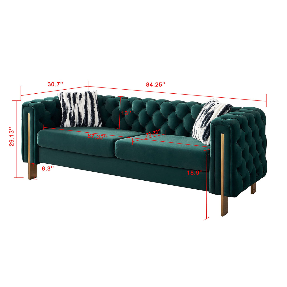 KEIKI 84" Chesterfield Velvet Tufted Button Sofa with Removable Cushions and 2 Toss Pillows, Modern 2-Seater Couch with 4 Gold Metal Legs, Easy Assembly, for Living Room, Bedroom, Office, Green KEIKI