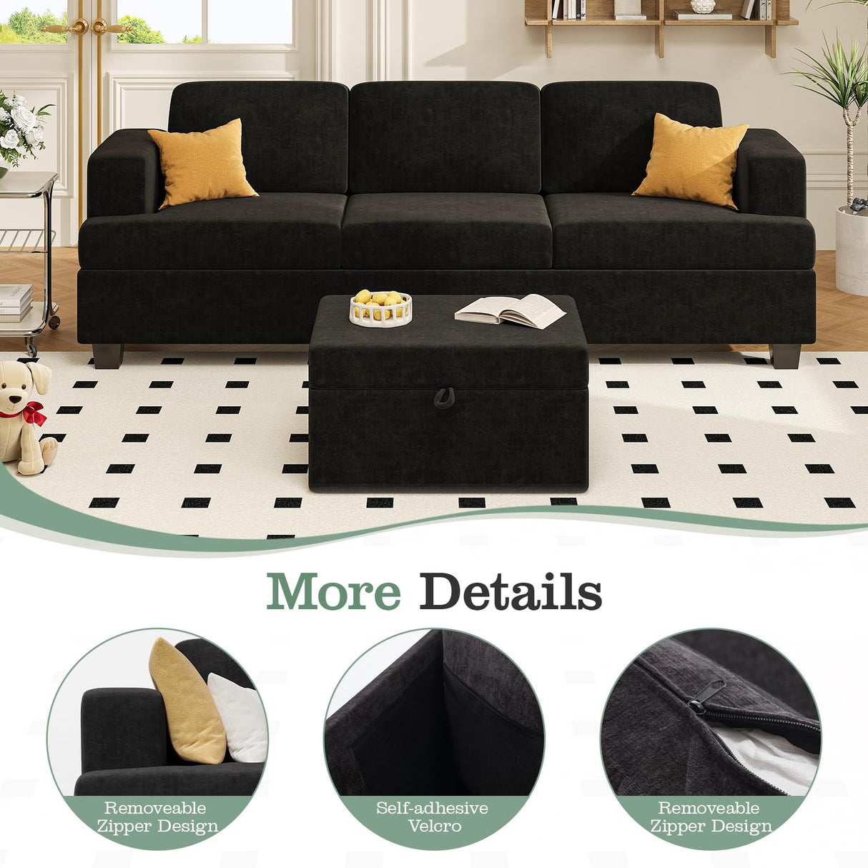 Apicizon 89" Black Couch, Comfy Couch Clound Couch 3 Seater Sofa for Living Room, Dark Grey Sofa Couch Modern Couches with Removerable Cover for Bedroom, Chenille Apicizon