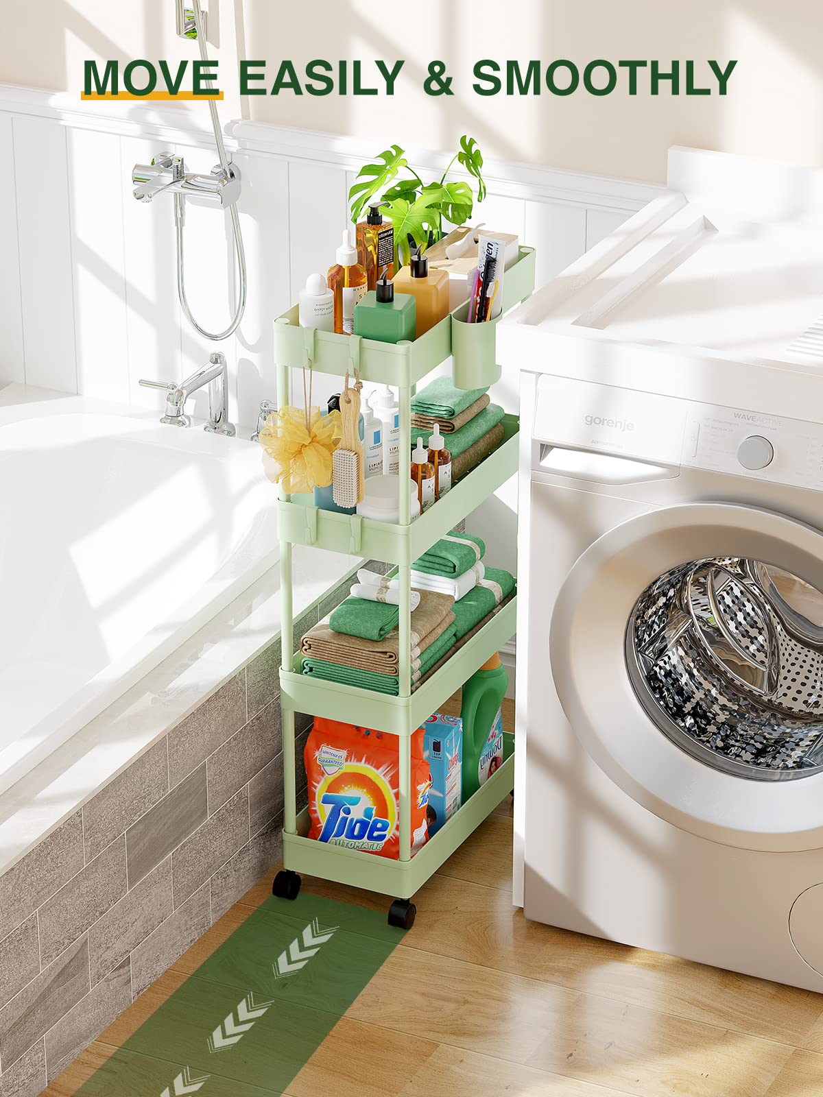LEHOM Slim Rolling Storage Cart - 4 Tiers Bathroom Organizer Utility Cart Slide Out Storage Shelves Mobile Shelving Unit for Kitchen, Bedroom, Office, Laundry Room, Small Narrow Spaces, Green LEHOM