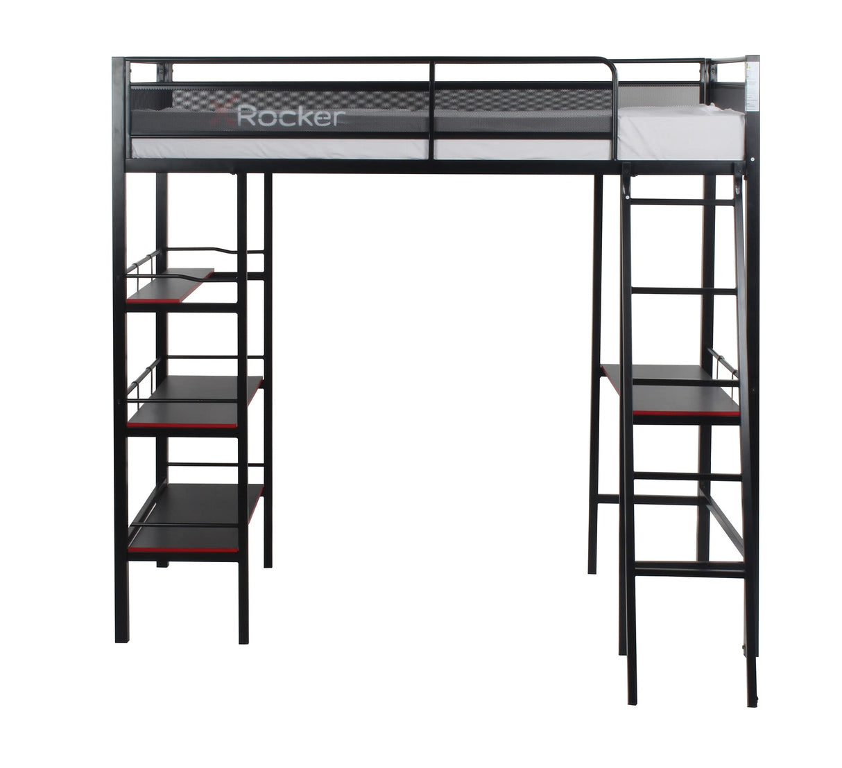 X Rocker Fortress Video Gaming Twin Loft Bed, Durable Black Metal Bed Frame, Built-in Desk and 3 Shelves, 77.64" x 59.17" x 72.05" X Rocker