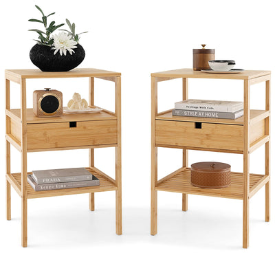 LOKO Bamboo Nightstands Set of 2, Wood Bedside Tables with Pull-Out Drawer & Storage Shelf, Simple Style End Tables for Bedroom, Living Room, Office, Study, Natural