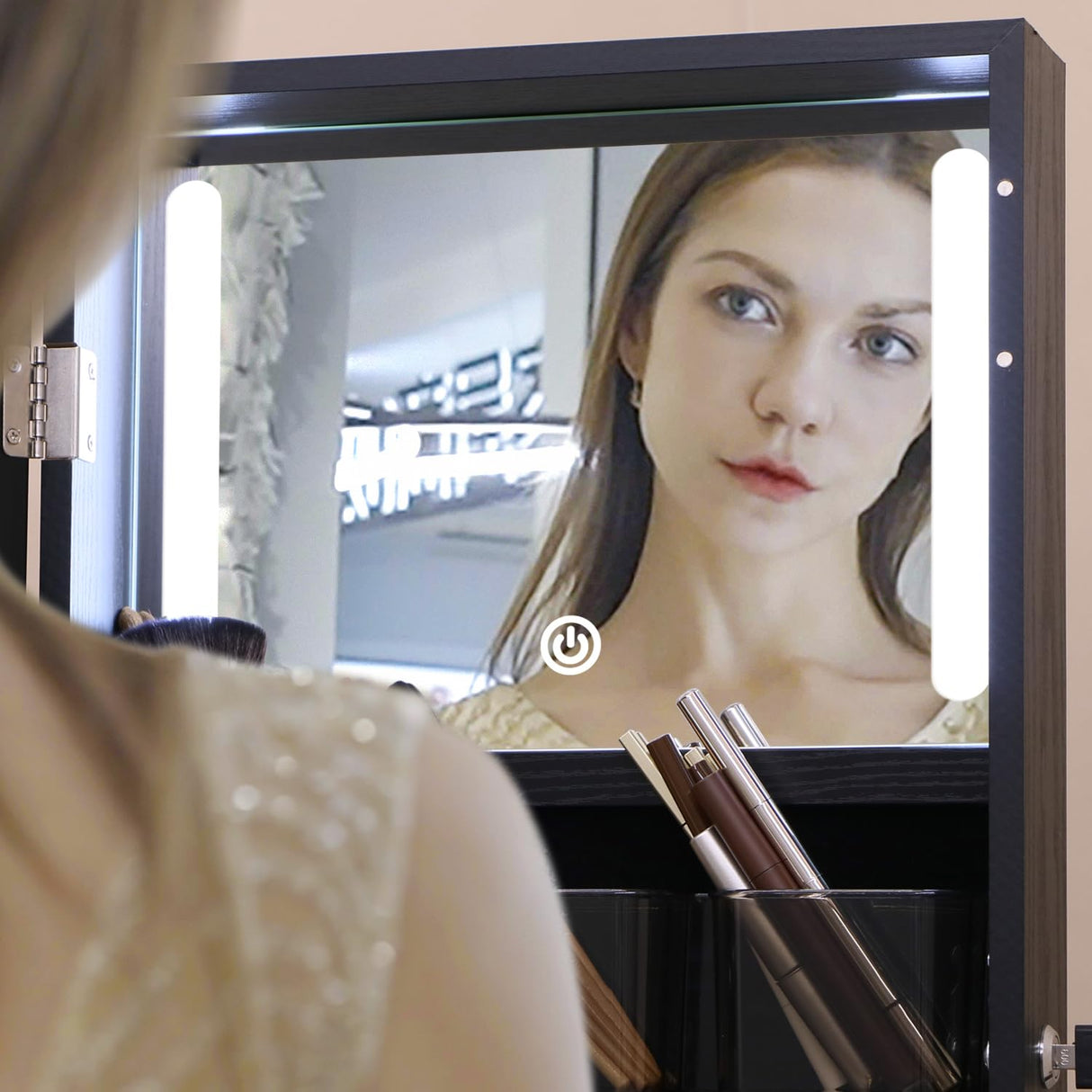 MASMIRE Jewelry Cabinet with Mirror,Full Length Mirror Large Capacity Jewelry Organizer Armoire,Floor Standing Mirror with Back Storage Shelves for Bedroom Black MASMIRE