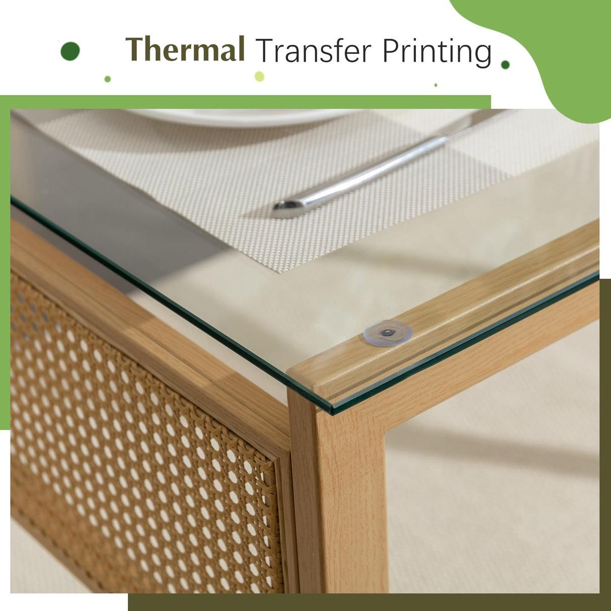 COSVALVE Boho Dining Table Chairs Set of 4, Tempered Glass Tabletop with Rattan Decor, Upholstered Cane Dining Chair with Rattan Back Metal Legs, for Dinner Living Room Reception COSVALVE