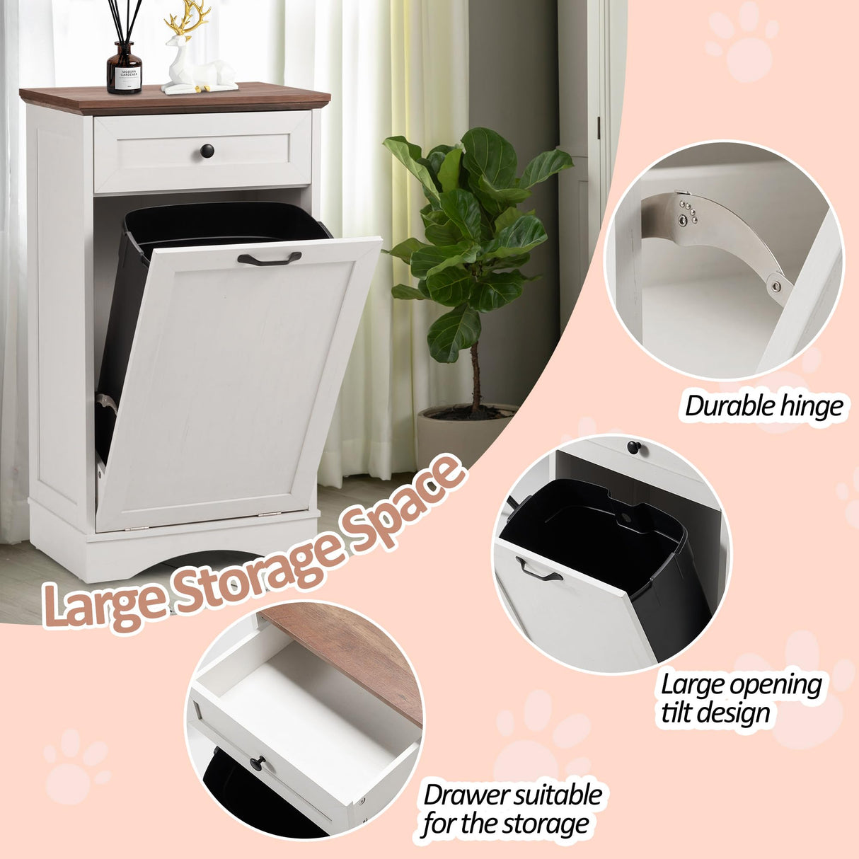 Spurgehom 13 Gallon Tilt Out Trash Cabinet Kitchen Waste Bins, Laundry Hamper Tilt Out Pet Proof Hidden Trash Bin for Kitchen Living Room,White Spurgehom