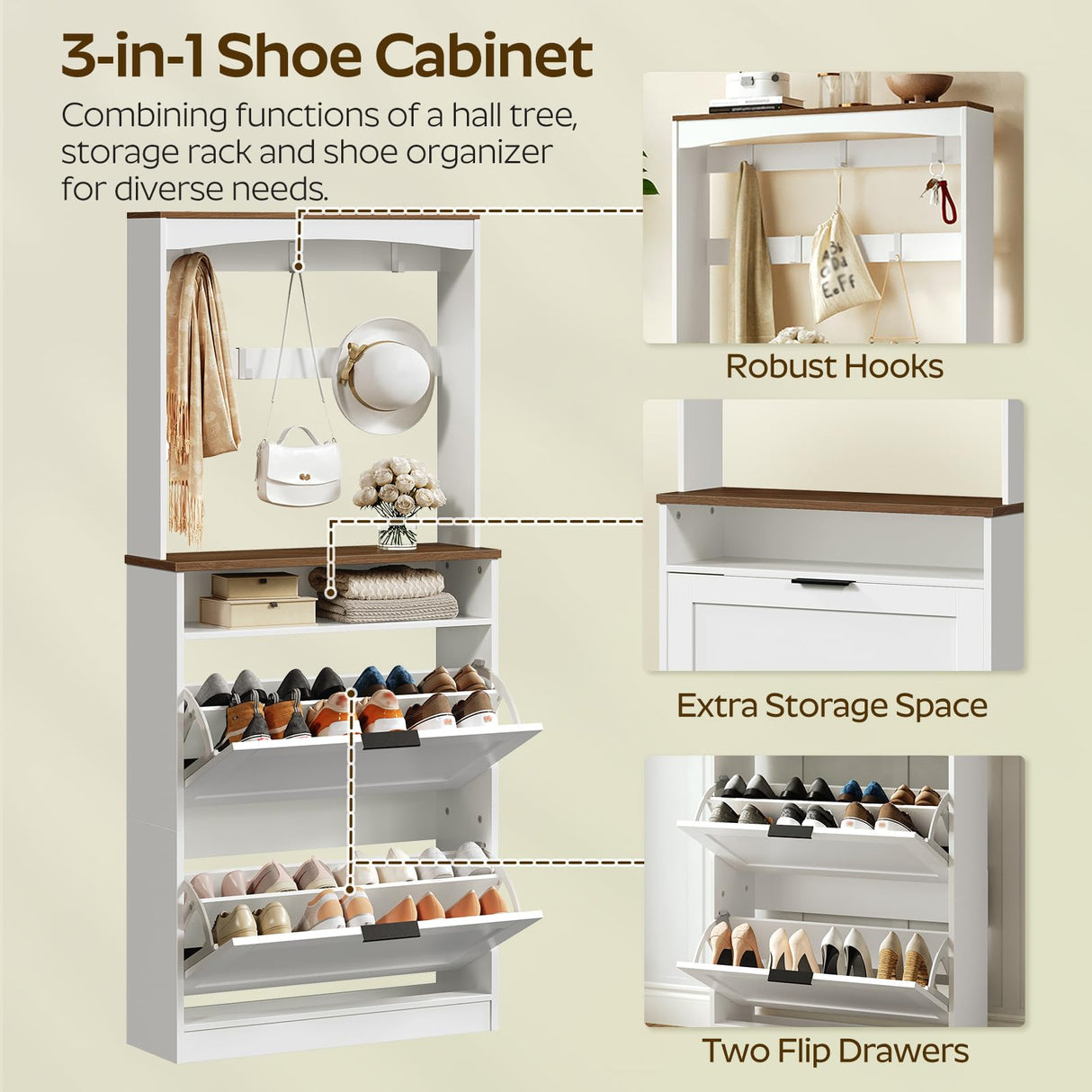 YATINEY Tall Shoe Cabinet with Flip Drawers and Coat Rack, Floor Standing Modern Shoe Storage Organizer, 2-in-1 Hall Tree with Movable Hooks and Open Shelves, for Entryway, White and Walnut SC01WH YATINEY