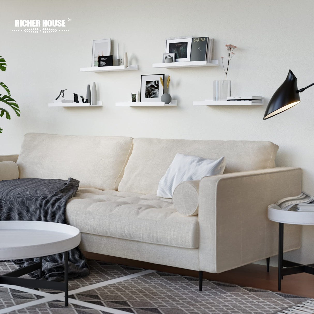 RICHER HOUSE 5 Set White Floating Shelves, Wall Mounted Shelves for Wall Decor, Modern Picture Ledge Shelf with Lip for Wall Storage Nursery, Bedroom, Living Room, Bathroom - White RICHER HOUSE