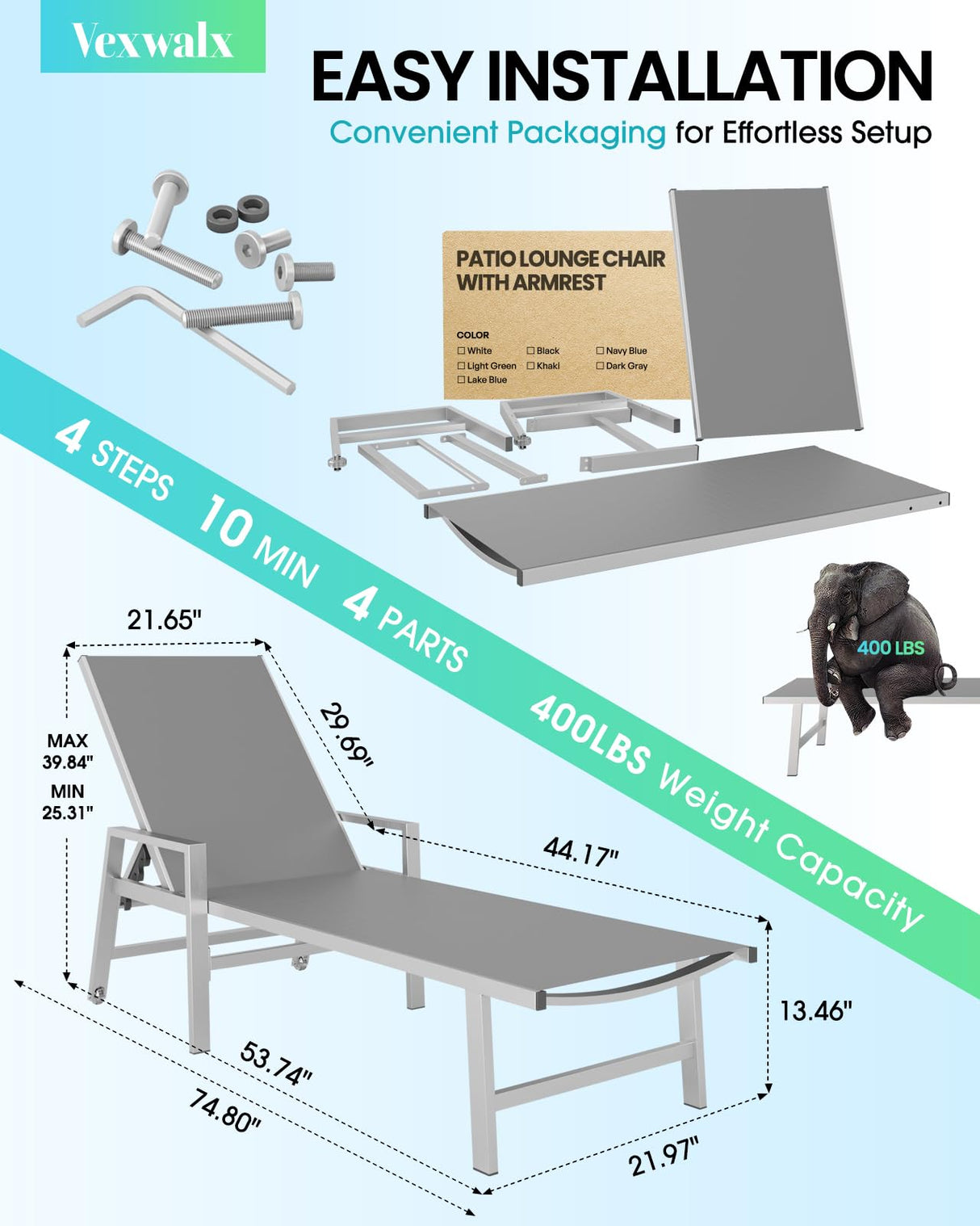 Vexwalx Patio Chaise Lounge Chair Outdoor with Wheels&Armrests, Aluminum Pool Lounge Chairs 5-Position Adjustable Recliner, Outdoor Beach Lounge Chairs for Poolside, Patio, Deck, Yard, Dark Gray Vexwalx