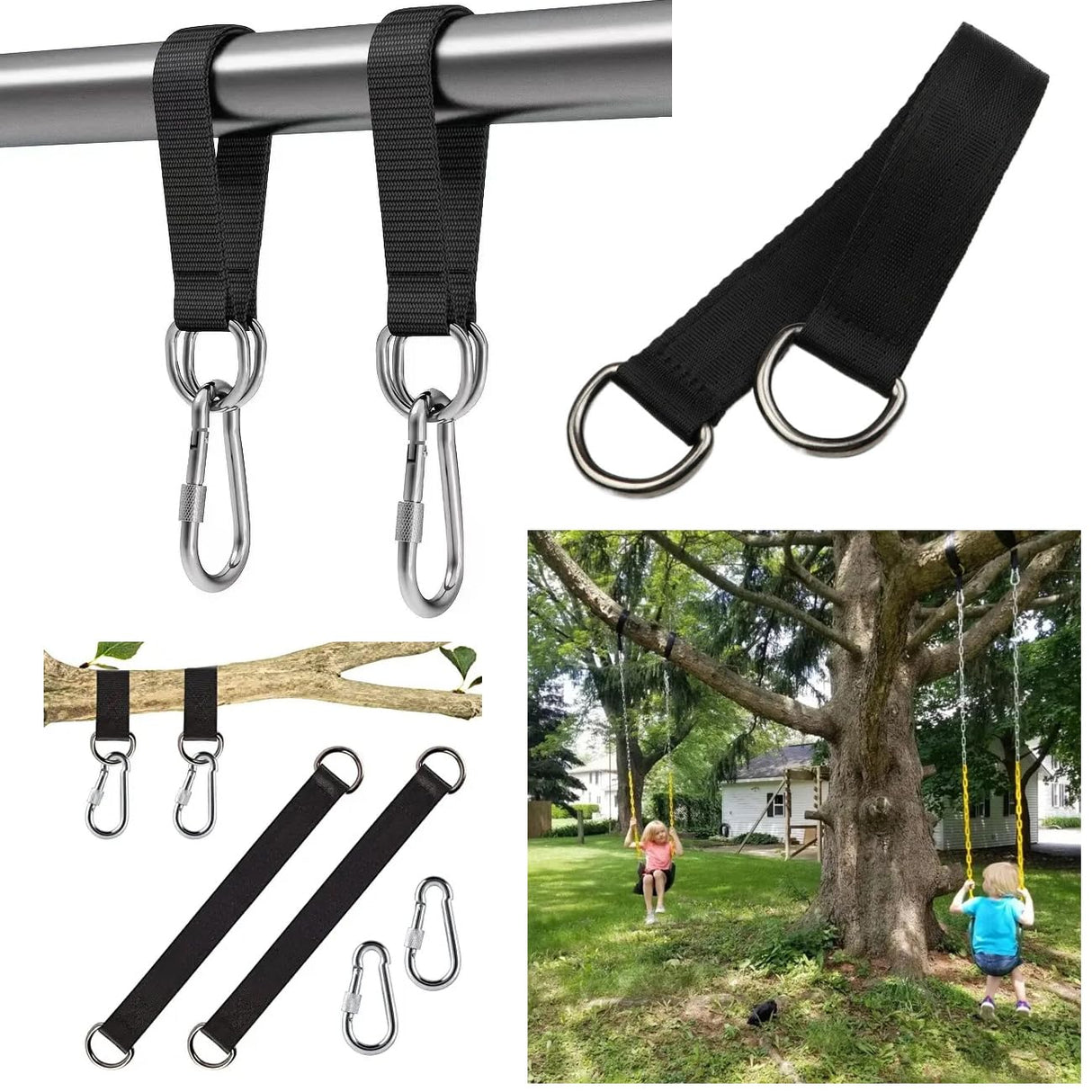 SquEqu 2 Pack Tree Swing Straps Hanging Kit 50cm 400lbs Heavy Duty Belt with Safer Lock Snap Hook Clip Carabiner Connector for Hammock Punching Bag Swings Chair Seat Gym Bar Handle Cable Outdoor SquEqu