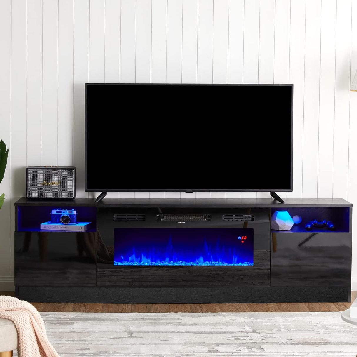 AMERLIFE Fireplace TV Stand with 36" Electric Fireplace, LED Light Entertainment Center, Modern Wood Texture Entertainment Stand with Highlight Storage Cabinet for TVs Up to 80", 70 inches, Black AMERLIFE