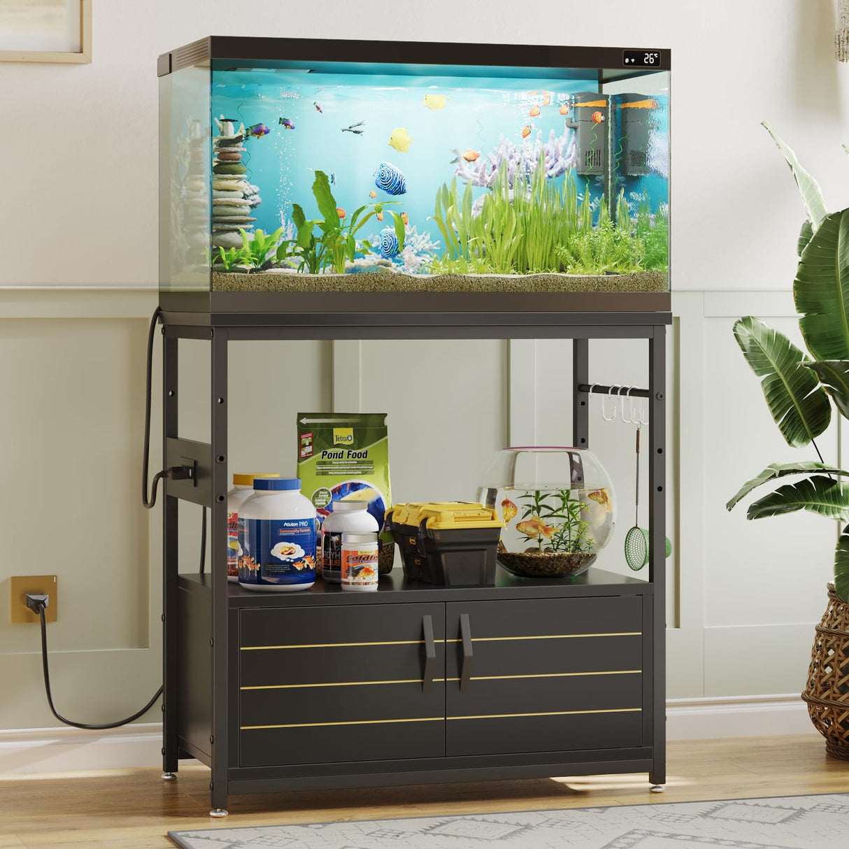 Bestier 20-29 Gallon Fish Tank Stand with Power Outlets, Metal Long Aquarium Stand with Storage Cabinet, 31x15 Reptile Terrarium Stand with Horizontal Gold Line, Stainless Hooks, 350 Lbs(Black) Bestier