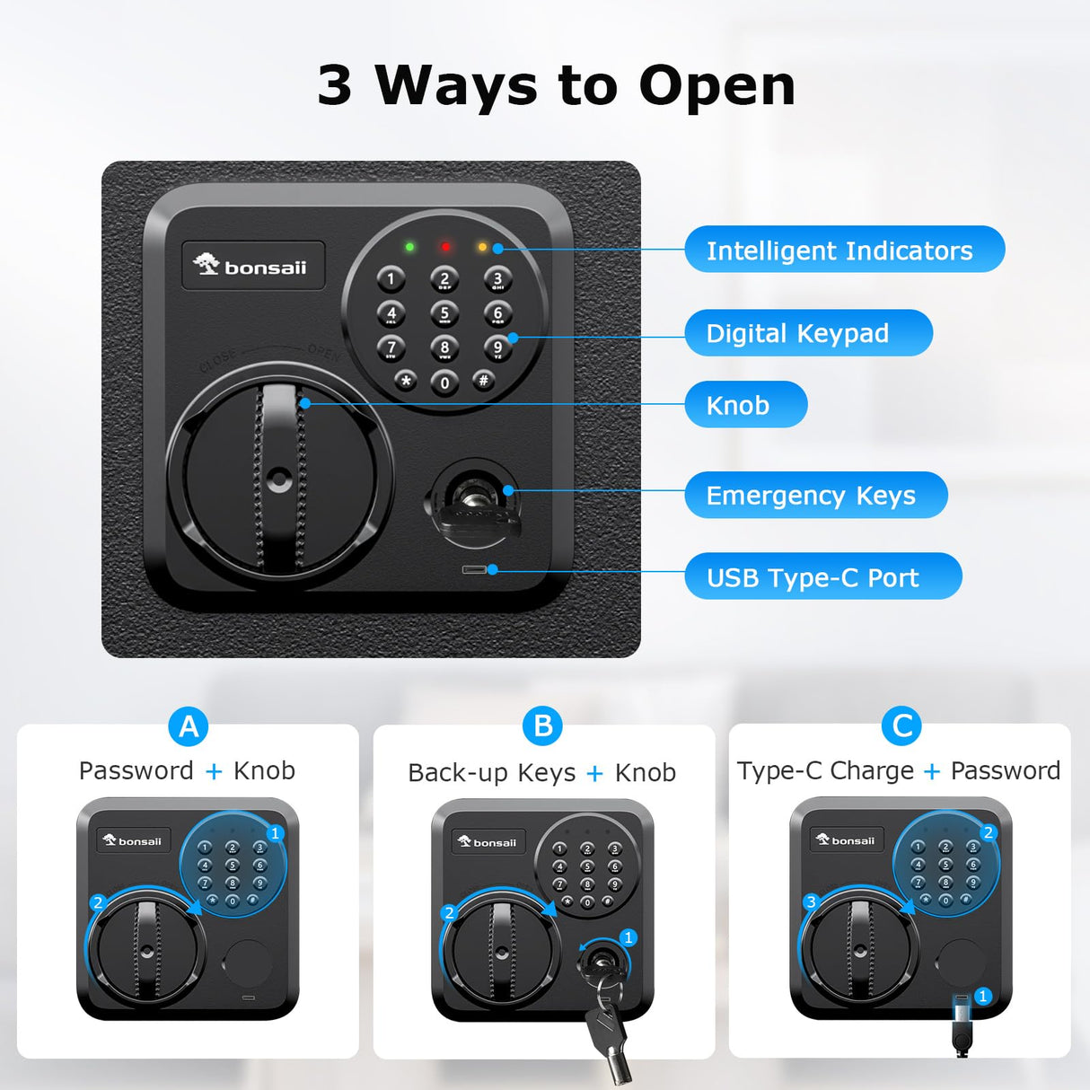 Bonsaii 1.8 Cubic Feet Security Home Safe with Digital Keypad, Security Box for Jewelry, Cash, Guns | Document Safe (14.2"x12.99"x19.7") bonsaii