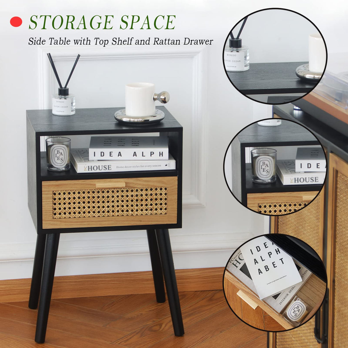 MaxSmeo End Table with Storage Mid Century Nightstand with Rattan Drawer and Shelf, Wood Small Side Coffee Table for Small Space, Living Room and Bedroom, Easy Assembly (Black) MaxSmeo