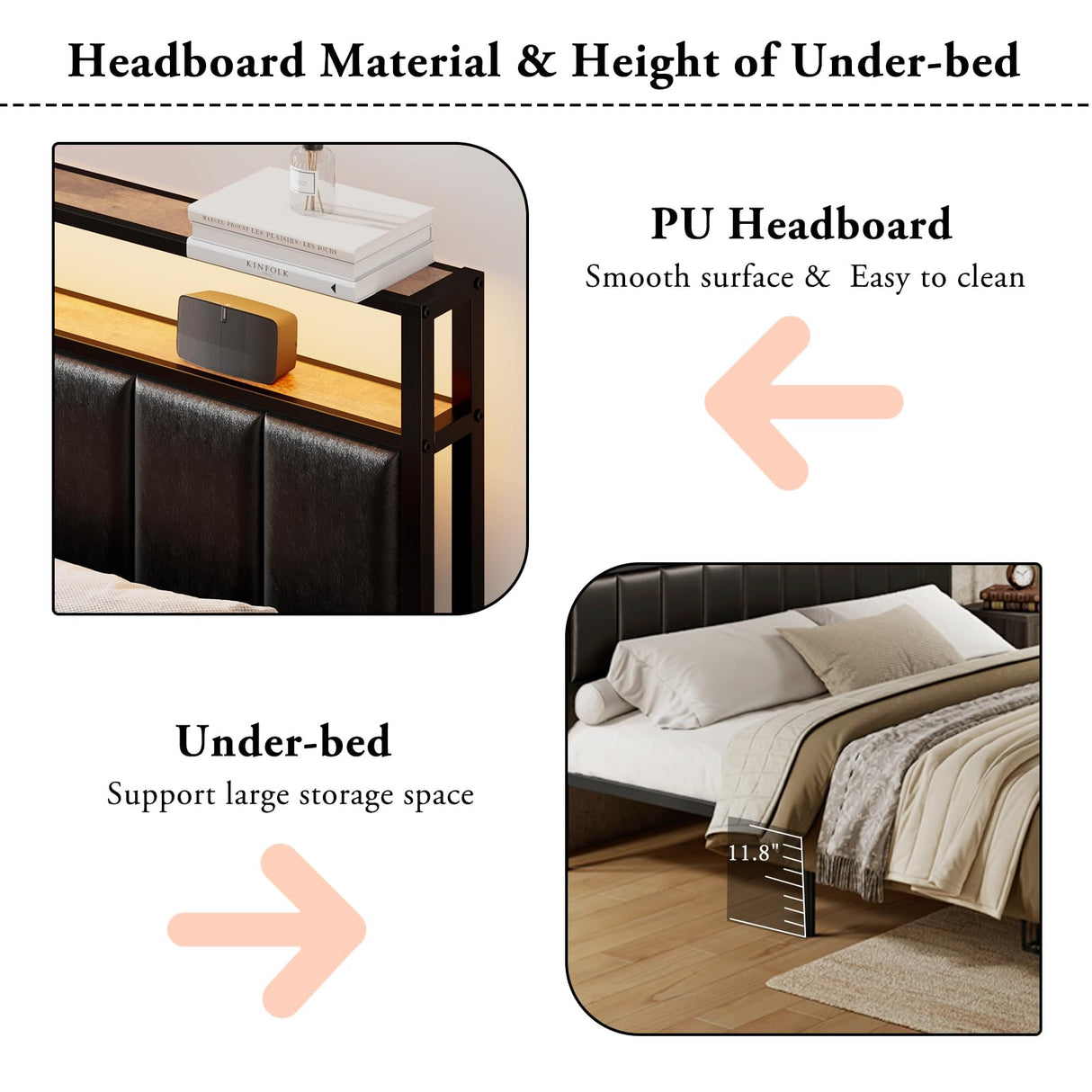 LUXOAK King Bed Frame with RGB LED Lights, 2 Drawers, and Charging Station in Black LUXOAK