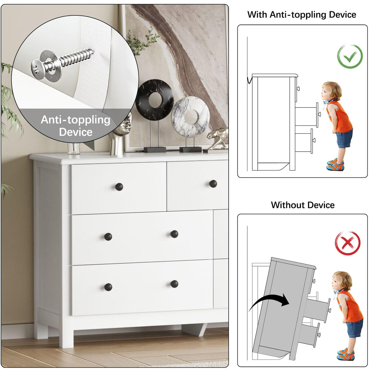 HOUROM White Dresser for Bedroom, 7 Drawer Chest of Drawer with Metal Handle and Wide Drawer, Modern Wood Double Storage Organizer Dresser for Living Room, Hallway, Entryway HOUROM