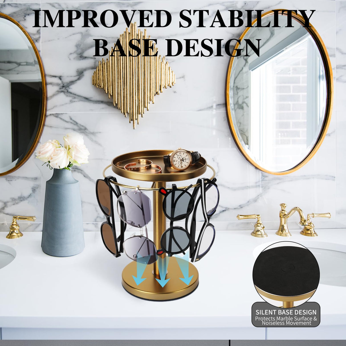 kondyfayo 360° Rotating Sunglass Organizer Storage, Stainless Steel Glasses Holder Stand, Glasses Organizer with Tray for Desk, Dresser, Tabletop, Nightstand and Home Decor (Gold) kondyfayo