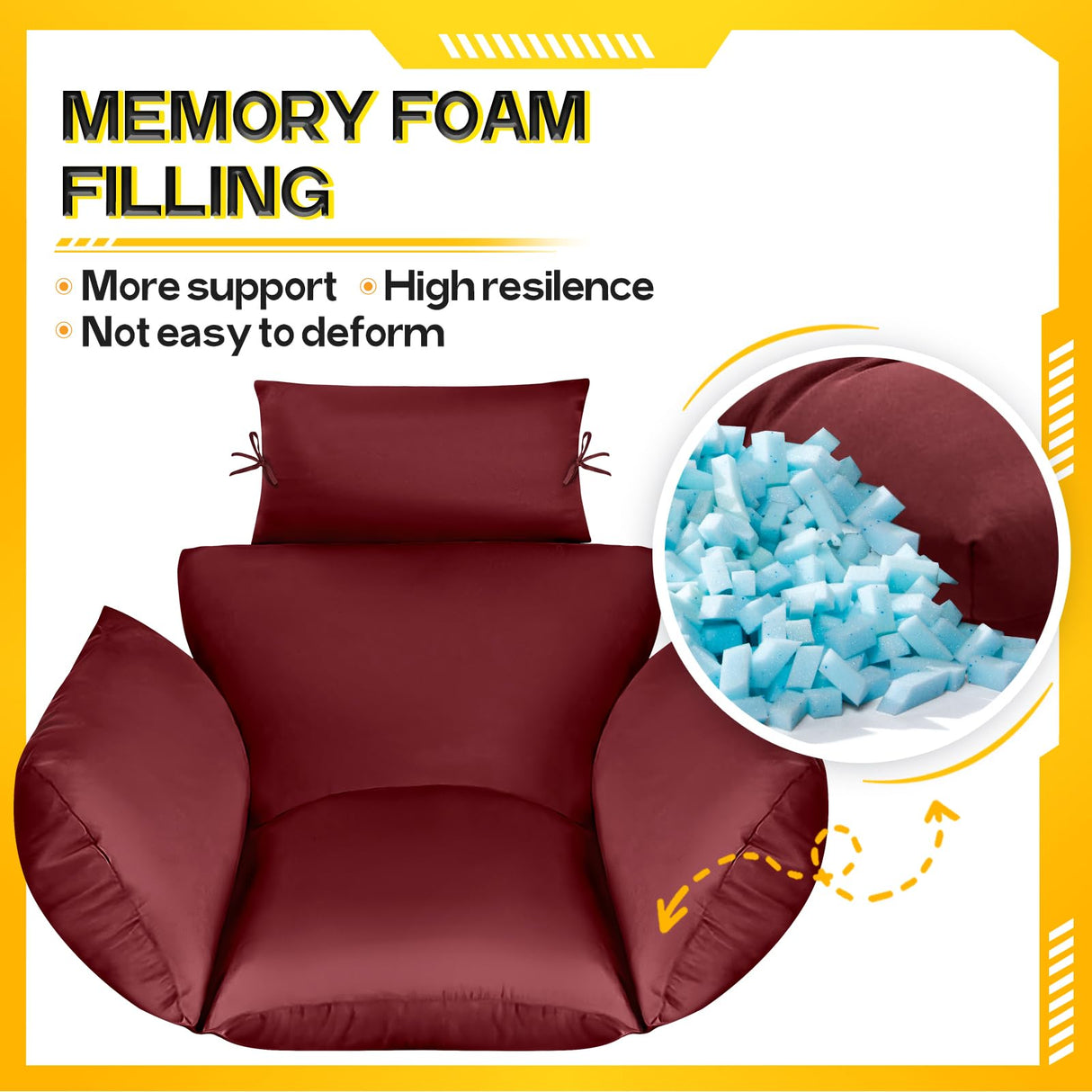 MAGIC ELEPHANT Egg Chair Cushion, Memory Foam Indoor Outdoor Hanging Egg Chair Cushion Replacement, Patio Basket Swing Cushion with Headrest (Red) MAGIC ELEPHANT