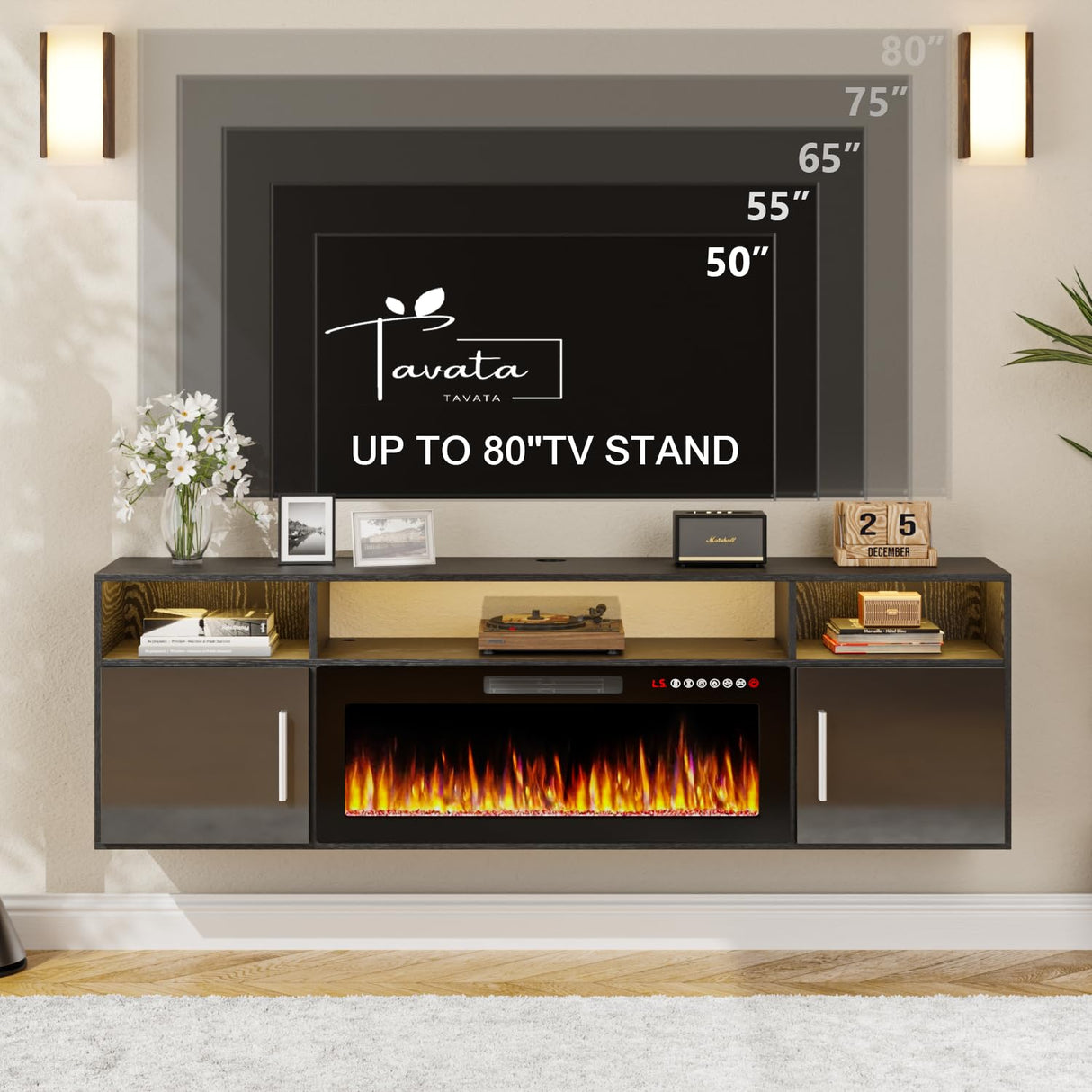 TAVATA 70" Floating TV Stand with 36" Electric Fireplace - Wall Mounted Entertainment Center with LED Lights & Storage Cabinet, Modern Media Console for Living Room, Supports TVs up to 80" (Black) TAVATA