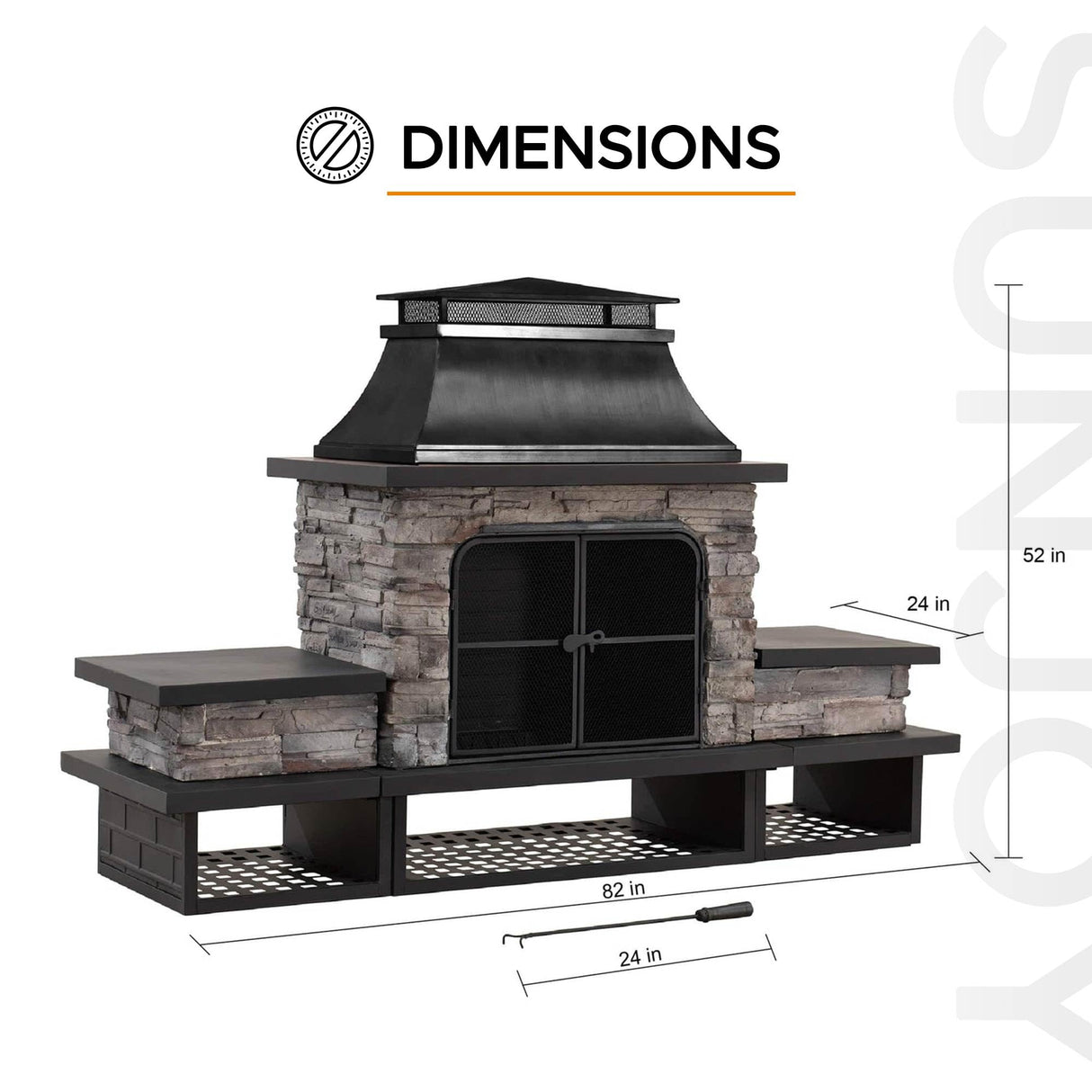 Sunjoy Outdoor Fireplace, Patio Wood Burning Fireplace with Steel Chimney, Mesh Spark Screen Doors, Fire Poker, and Removable Grate, Black Sunjoy