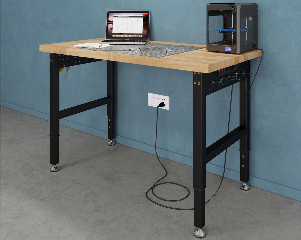 SPECRAFT Adjustable Heavy Duty Workbench with 4 AC Outlet and 2 USB Ports Power Outlets, 2000 Lbs Capacity, Rubber Wood Top for Garage, Workshop, Office SPECRAFT