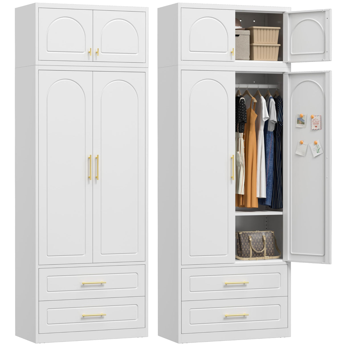 UNICOLY 86" Wardrobe with Drawers, 71'' Armoire Wardrobe Closet with 15" Cabinet, Metal Clothes Storage Cabinet with Hanging Rod, for Bedroom School, Employee, Gym, Assembly Required, White UNICOLY