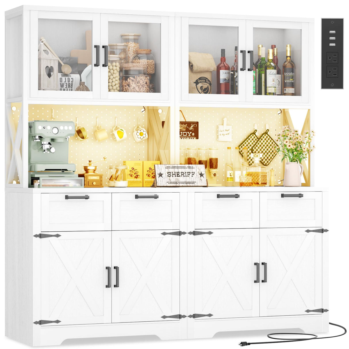 Unikito 71" Tall Kitchen Pantry Storage Cabinet with LED Light & Outlet, 63" Wide Kitchen Hutch Cabinet with Large Countertop, DIY Pegboard and Drawers, Farmhouse Food Pantry for Living Room, White Unikito