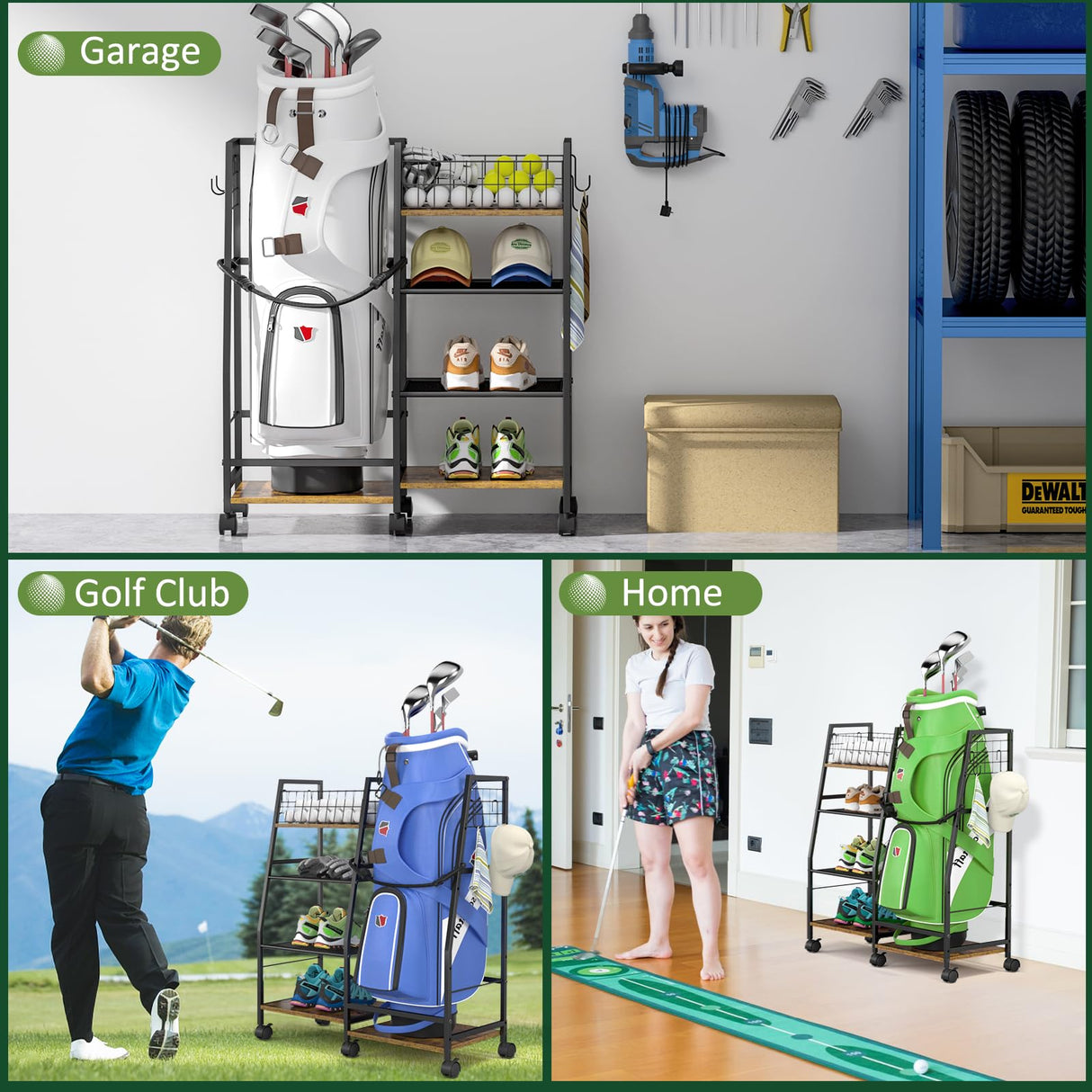 DAOUTIME Golf Bag Garage Storage Rack with Wheels, Organizer for Single Golf Bag and Equipment Accessories, Ideal for Home, Garage, Club, Shed, Basement - Sturdy Wood and Metal Construction (Black) DAOUTIME