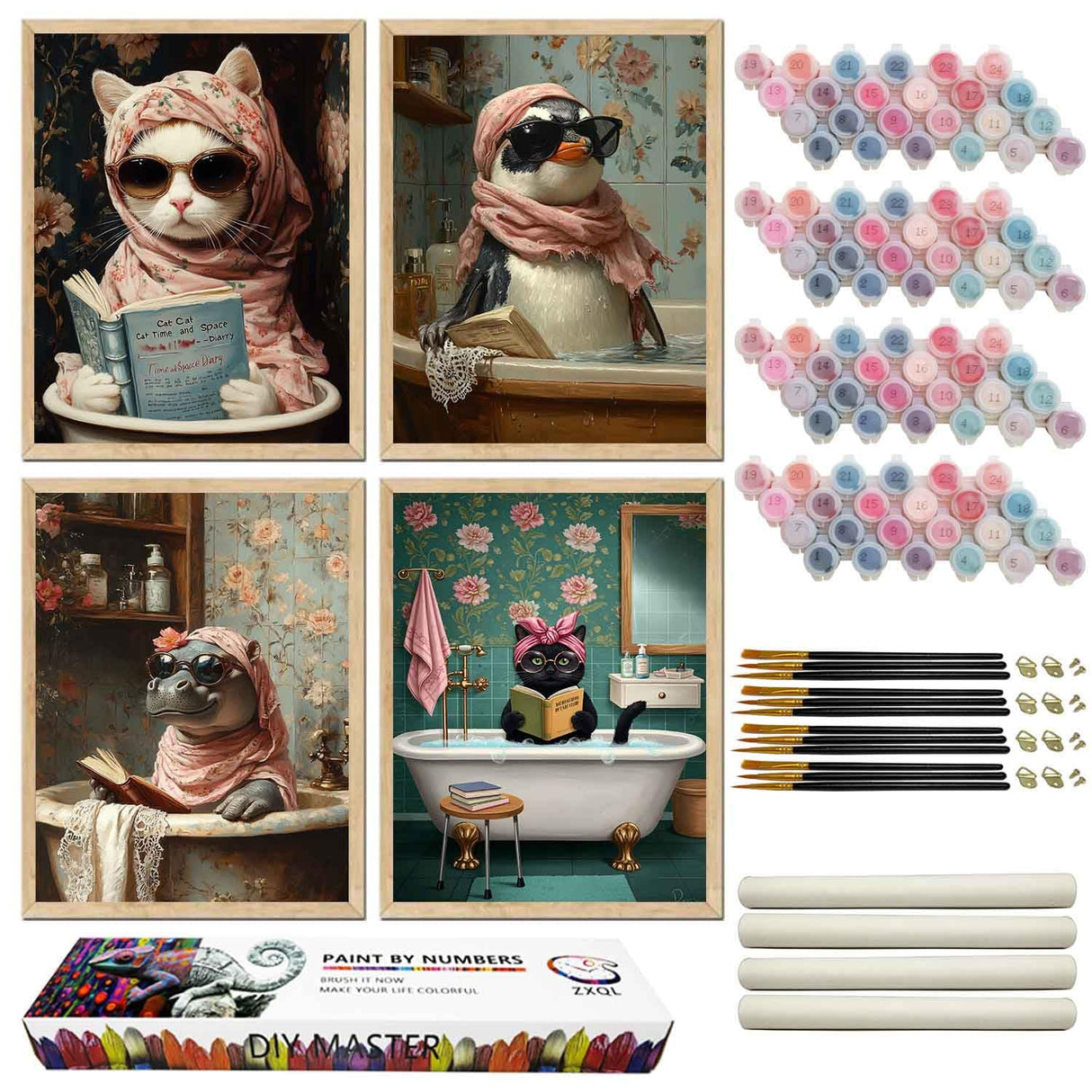 ZXQL 4 Pack Paint by Numbers Kit for Adults, Funny Bathing Animal DIY Adult Paint by Number Kits Pack Beginners Easy Acrylic On Canvas for Painting Home Decor Creative Wall Art 24x30 inches (mm-1) ZXQL