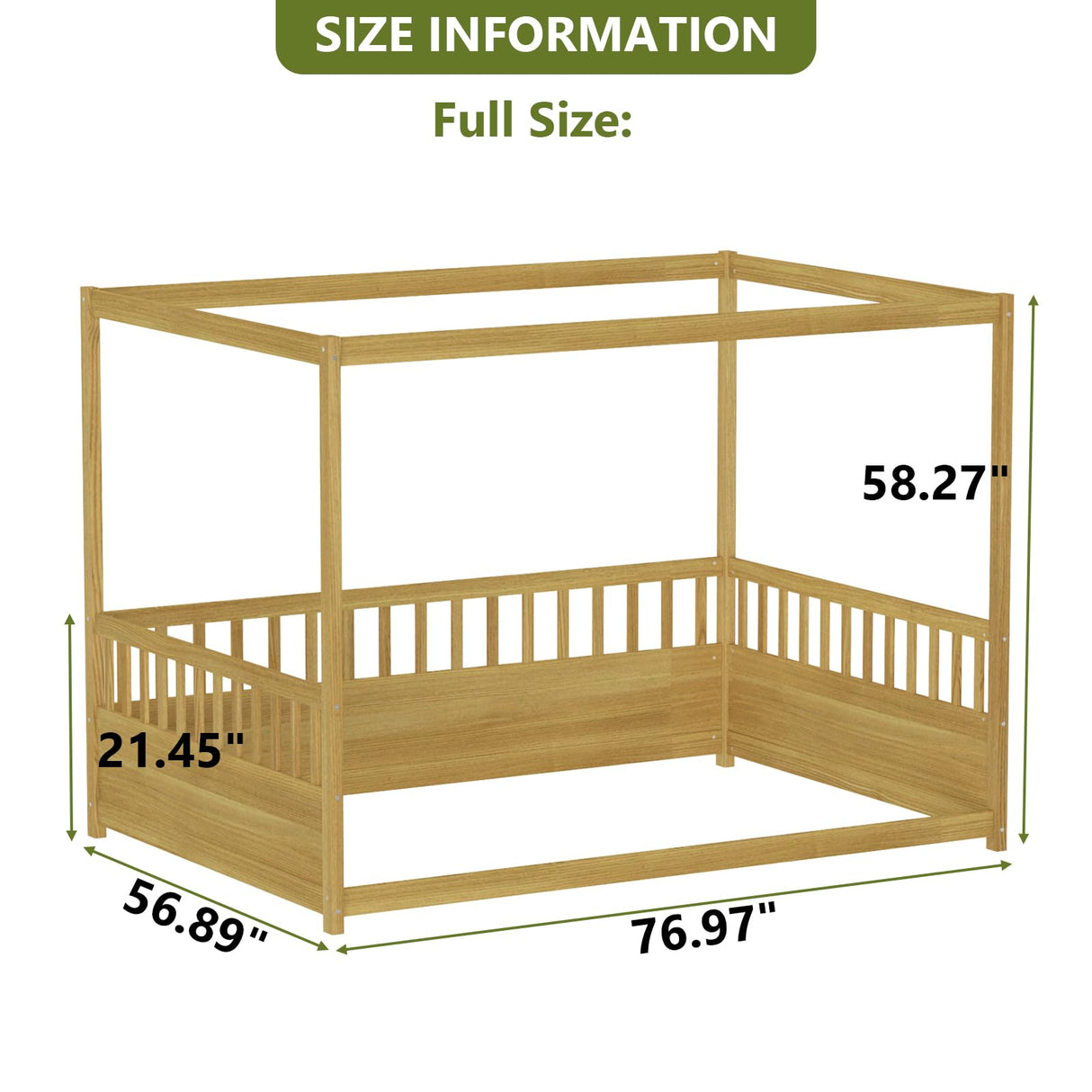Lyngins Full Size Canopy Bed Frame with Guardrails for Kids, Floor Bed Full with Four Poster Design, Kids Montessori Floor Bed, Wood Canopy Bed Frame for Girls, Boys(Natural) Lyngins