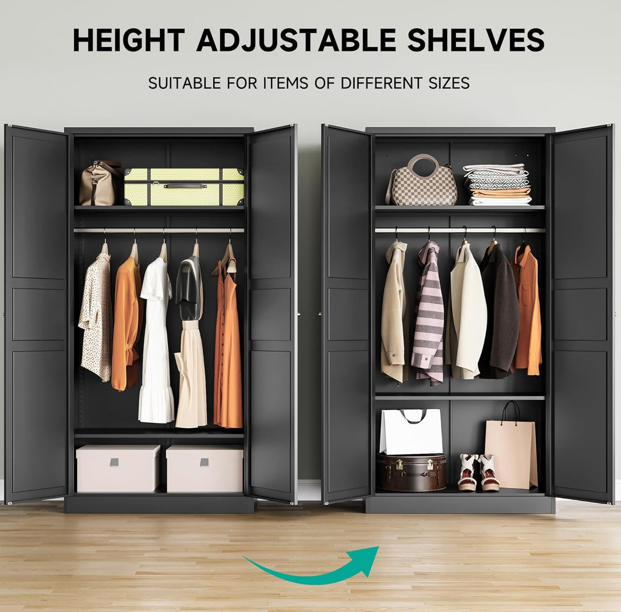 SISESOL Metal Wardrobe Cabinet with Hanging Rod,Black Armoire Wardrobe Closet,Metal Clothing Storage Cabinet with Adjustable Shelves and Doors,72" Cloth Storage Cabinets for Home,Living/Laundry Room SISESOL