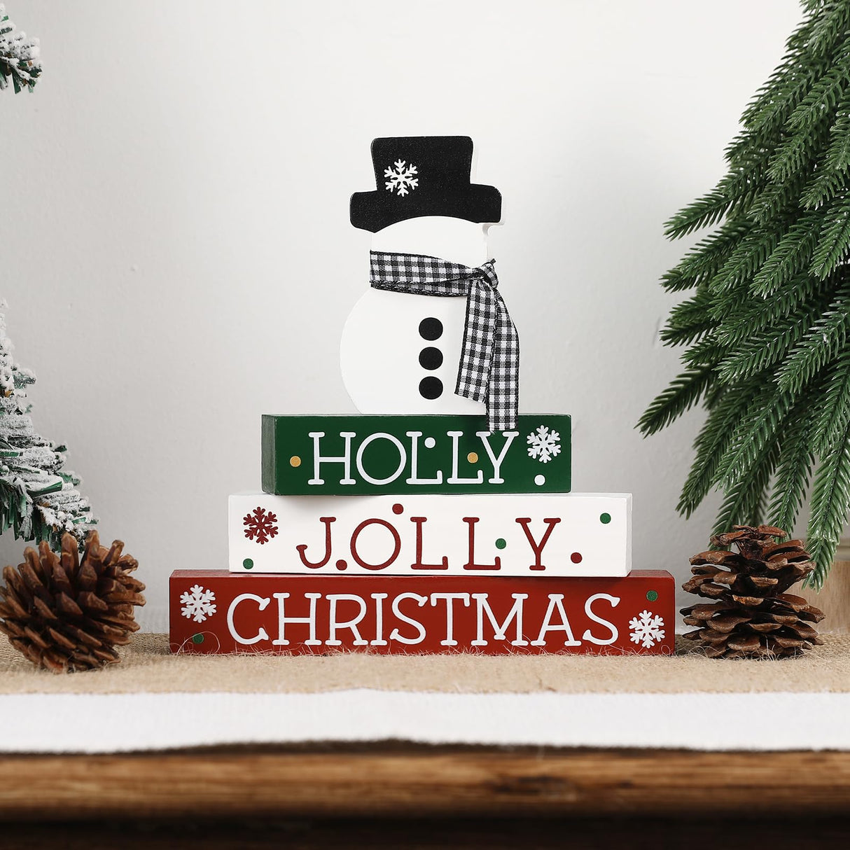 Christmas Decorations-4 PCS Wooden Block Sign-Classic Red White Green Christmas Ornaments for Home Shelf Mantel Fireplace Table Windowsill Decor Buttools