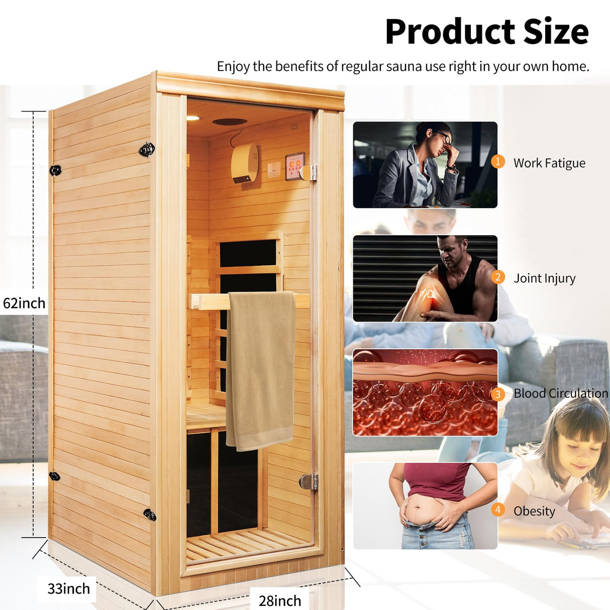 Indoor Sauna Infrared 1 Person Saunas Home Canadian Hemlock 980W Low-EMF Dry Sauna 5 Ultra-Low Energy Saving Heating Panels, Built-in LCD Control Panel, Speakers, Reading Lights and Circulation Vents RIGO