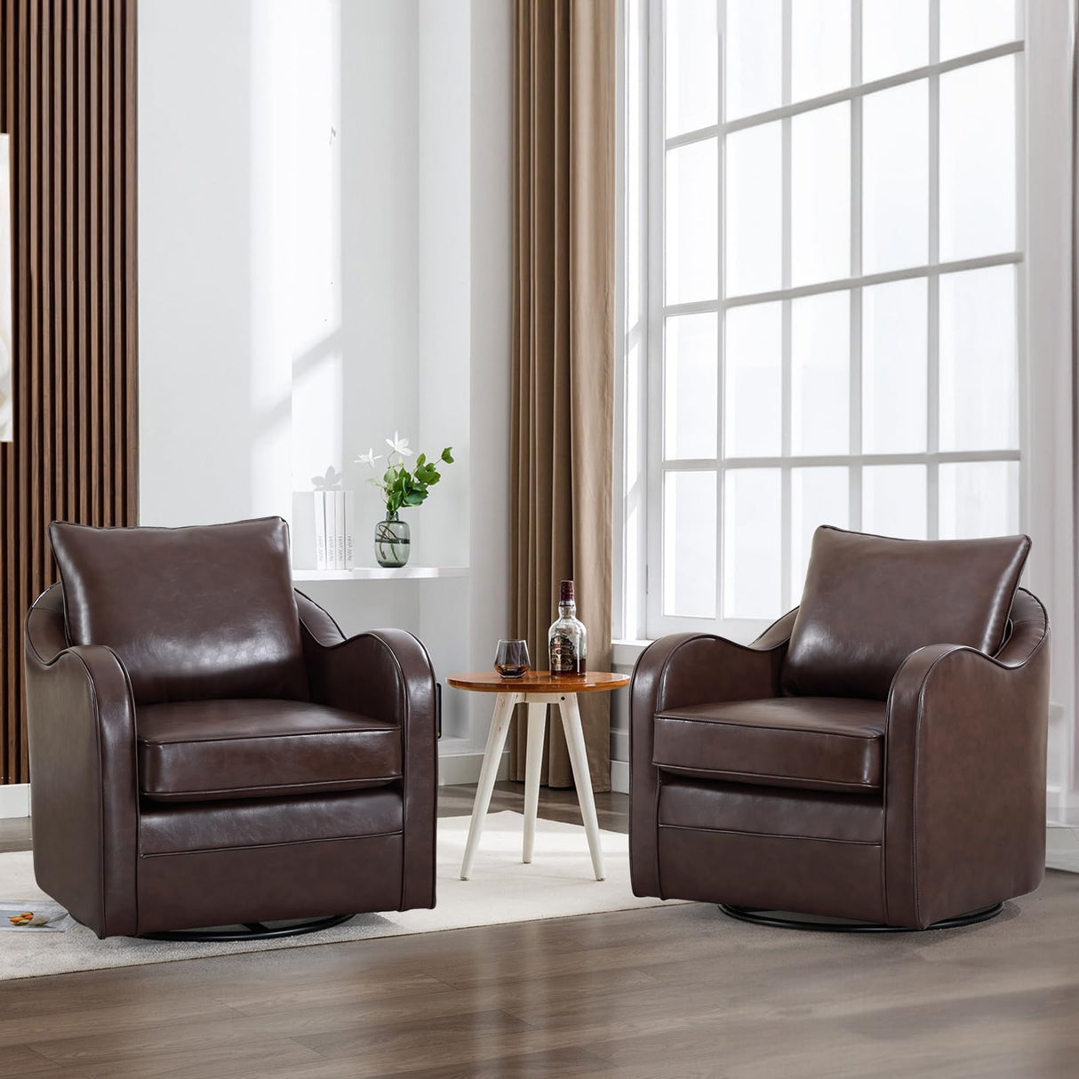 Simore Faux Leather Swivel Barrel Accent Chair Set of 2 for Living Room Bedroom, Comfy Modern Round Swivel Chair with Removable Pillow, Dark Brown Simore