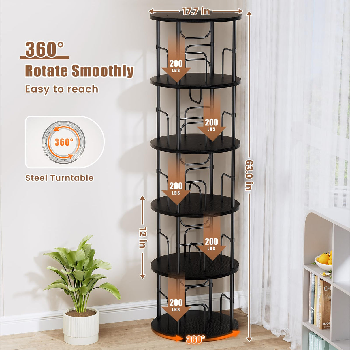 ALLSTAND 5-Tier 360° Rotating Black Bookshelf – Space-Saving Swivel Tower for Home Storage ALLSTAND