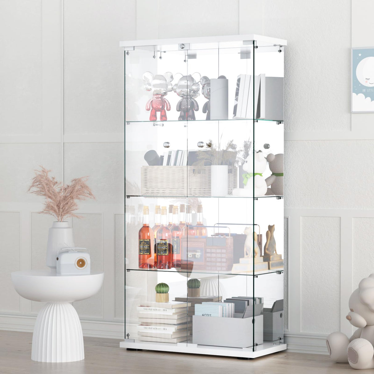 Display Cabinet with Mirror, Glass Door and Lock, 4-Shelf Fast Installation in 30Mins Curio Cabinet with 5mm Tempered Glass Floor Standing Bookshelf for Bedroom, Living Room, 65'' x32'' x14'', White GDJAASJI