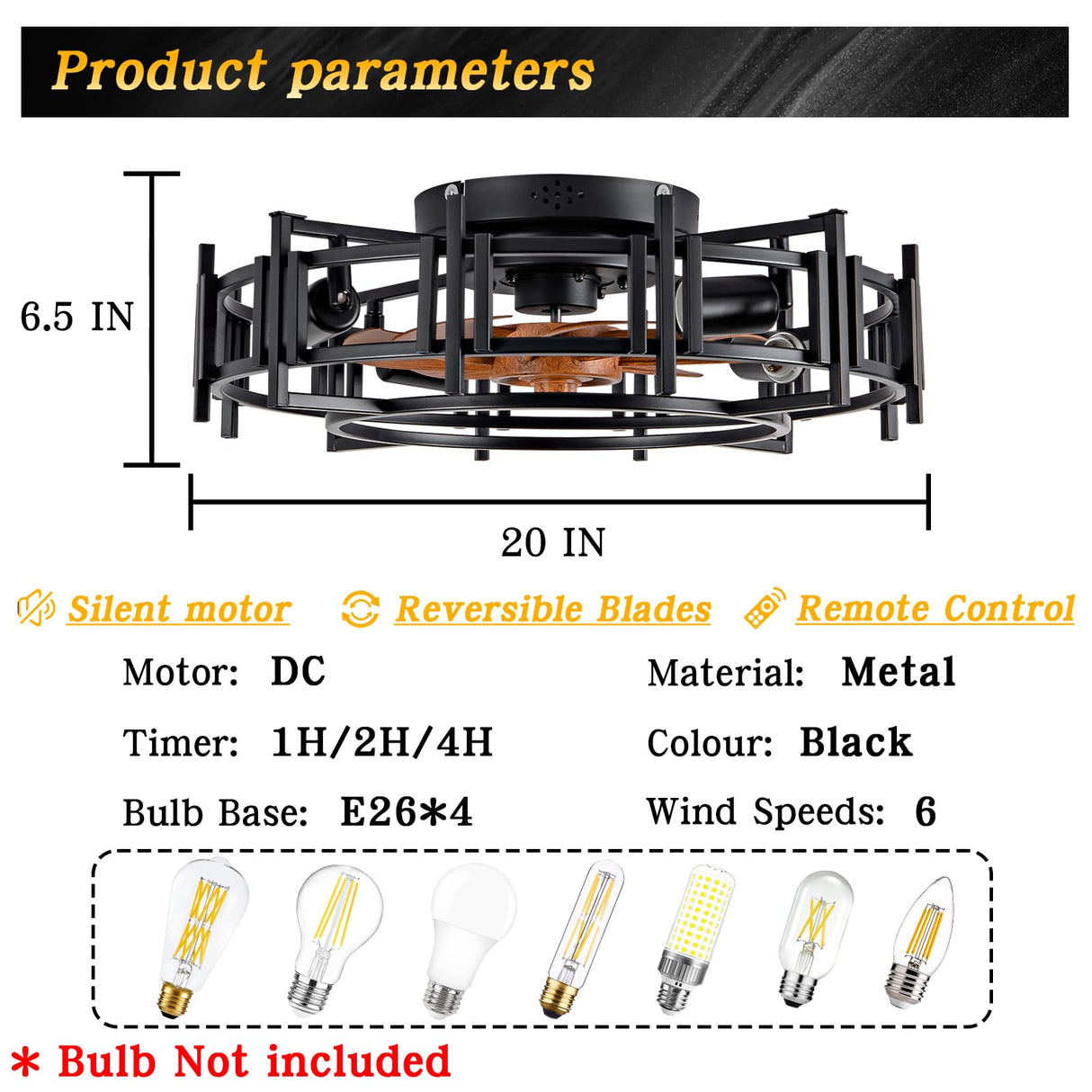 CREATE BRIGHT 20'' Modern Black Caged Ceiling Fans Low Profile Ceiling Fans with Lights and Remote,Timer,6 Speeds Quiet Reversible Dc Motor for Bedroom,Kitchen,Indoor CREATE BRIGHT