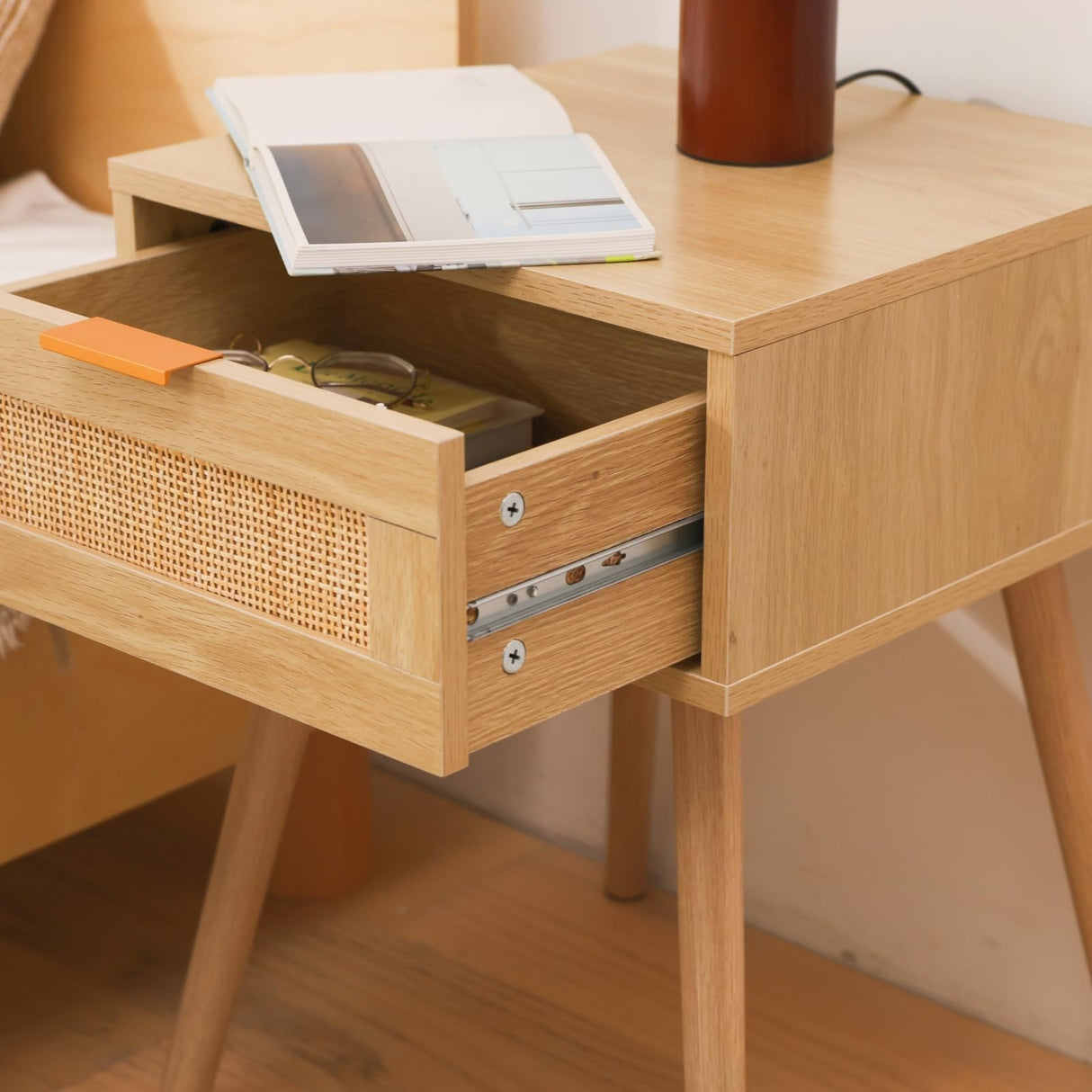 FUQARHY Rattan Nightstand Set of 2, Boho Side Table with Drawer, Mid Century Modern, End Table with Wood Legs for Bedroom, Dorm and Small Spaces FUQARHY