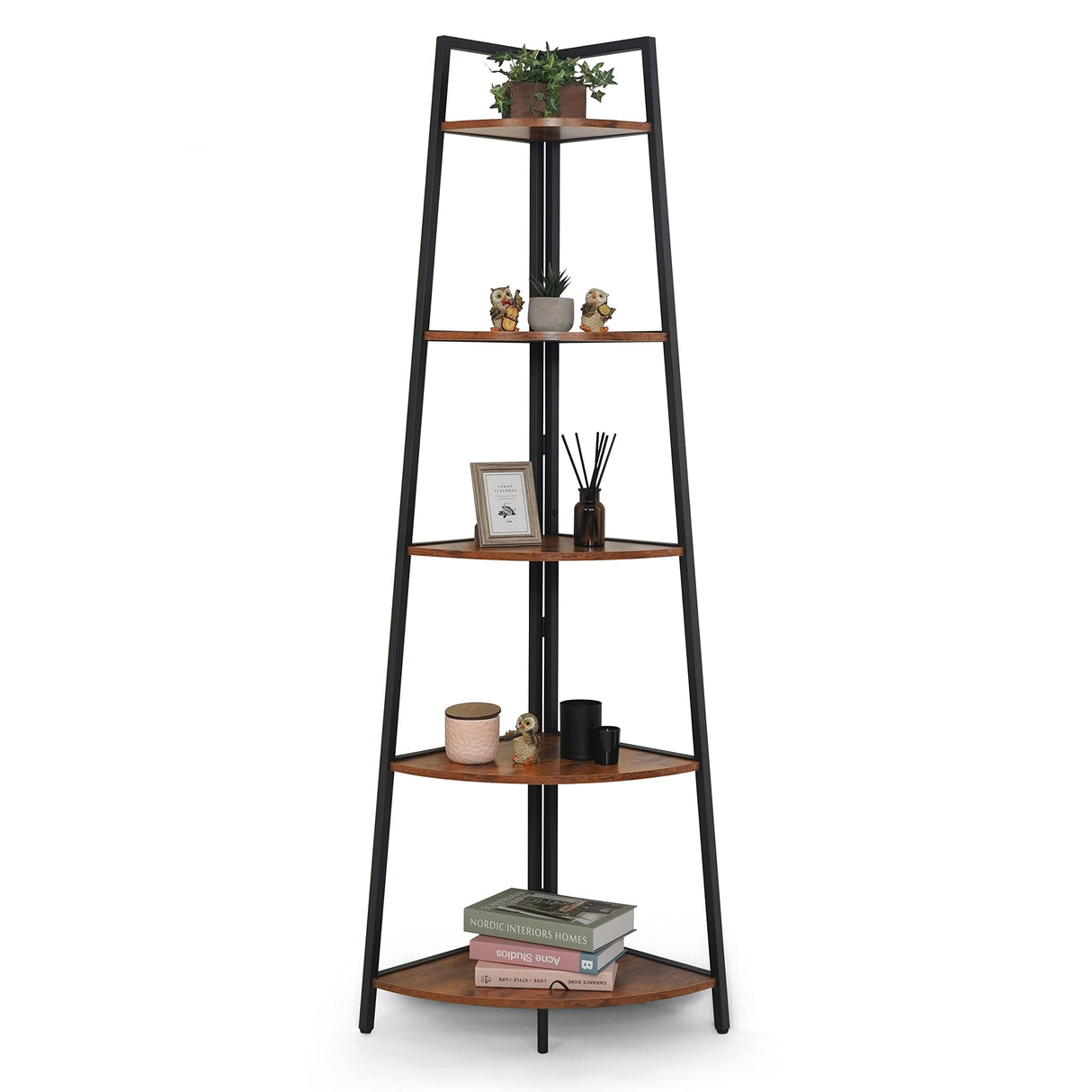 CAPHAUS Rustic Oak Tall Corner Shelf Stand - 5-Tier Versatile Display Unit with Metal Frame CAPHAUS