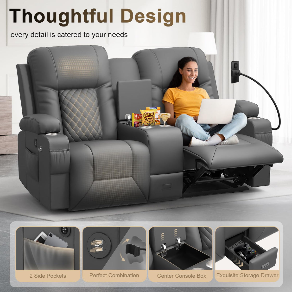 YONISEE Living Room Furniture Set, Loveseat Recliner and 2PC Massage Recliner Chair, Luxury Reclining Sofa 3PC Set for Living Room (2+1+1, Dark Gray) YONISEE