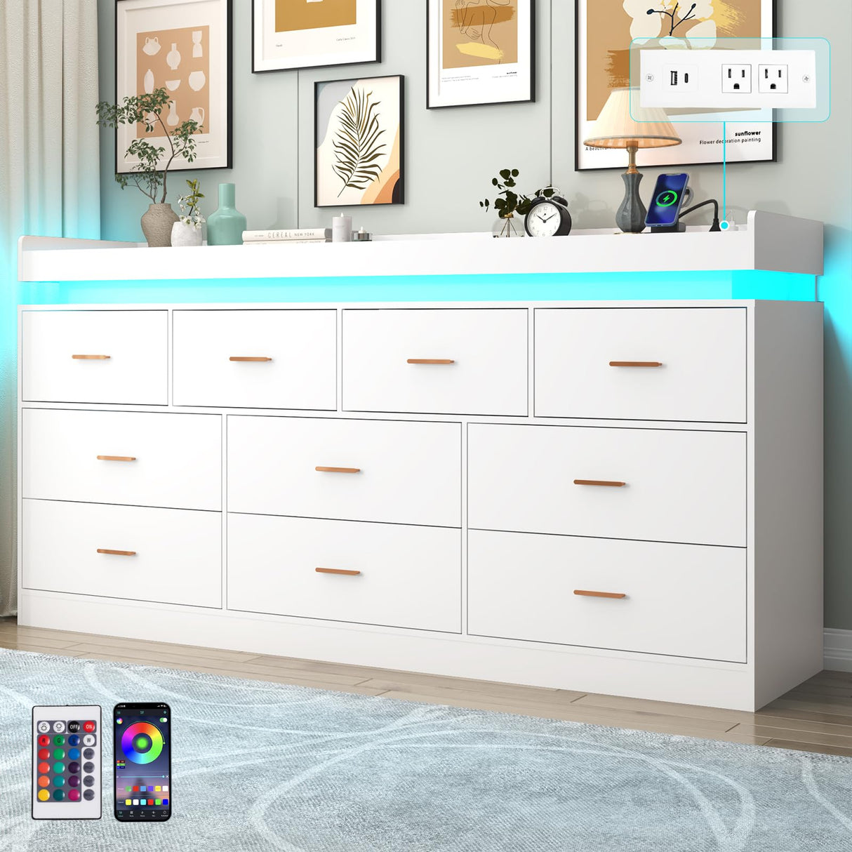 Hlivelood 10 Drawer Dresser with LED Light and Charging Station, Modern Chest of Drawers for Closet, Wide Drawer Organizer Cabinet for, Living Room, Entryway, Hallway, White Hlivelood